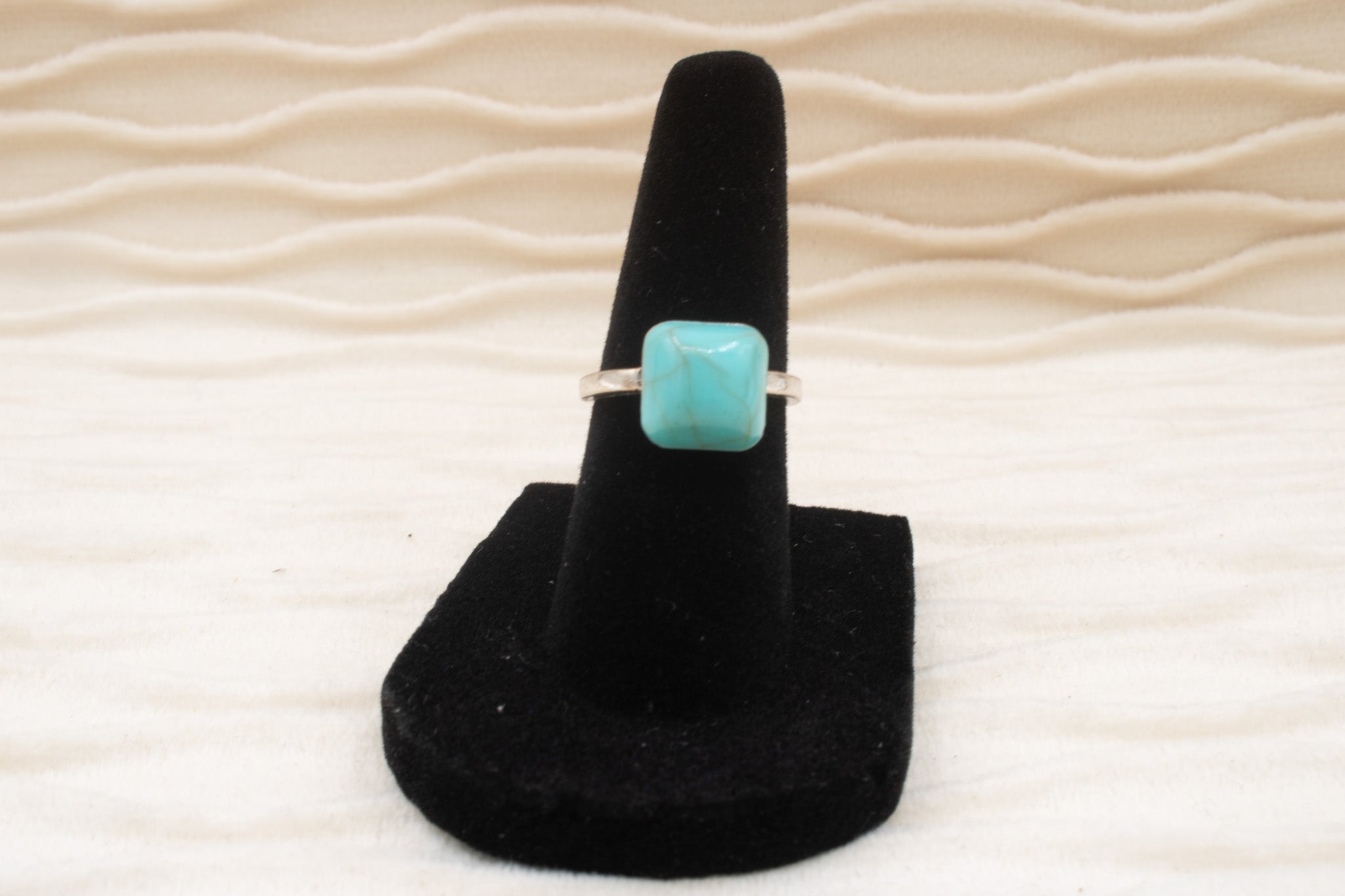 Square Cut Faux Turquoise Silver Tone Ring Size 5.5