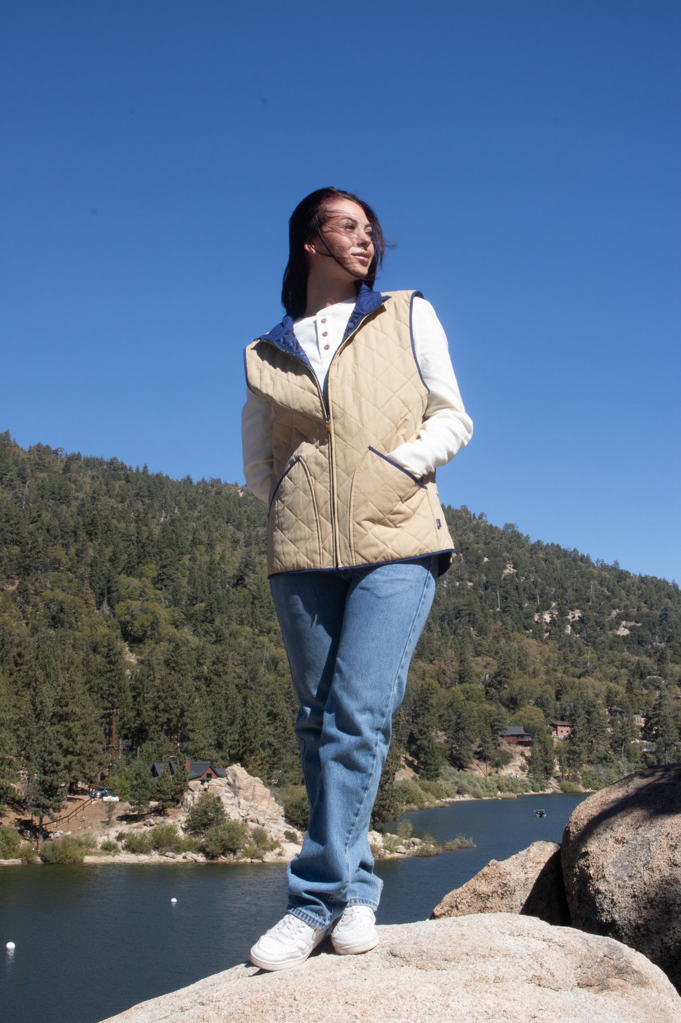 Crown & Ivy Quilted Vest Camel and Royal Blue Colored
