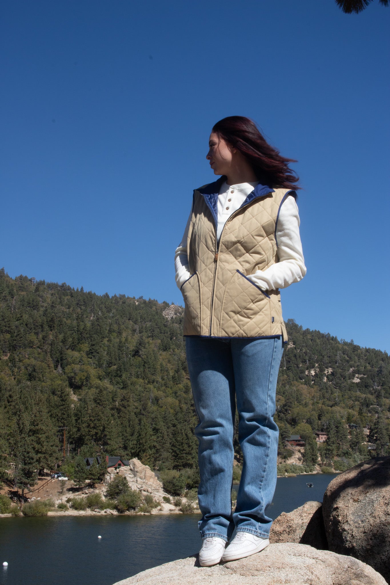 Crown & Ivy Quilted Vest Camel and Royal Blue Colored