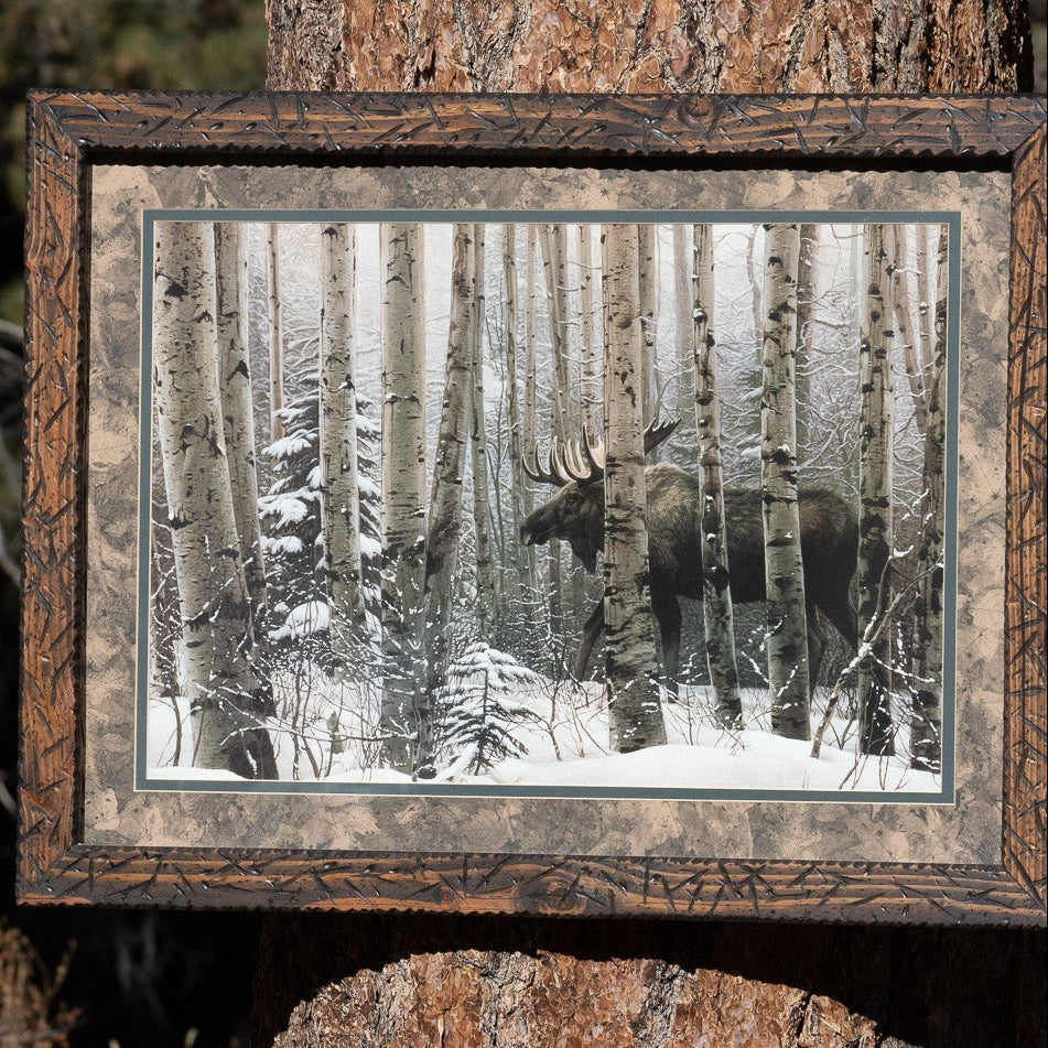 Large Custom Solid Wood Framed Print Featuring a Moose Walking Through the Snow-Cover Forest