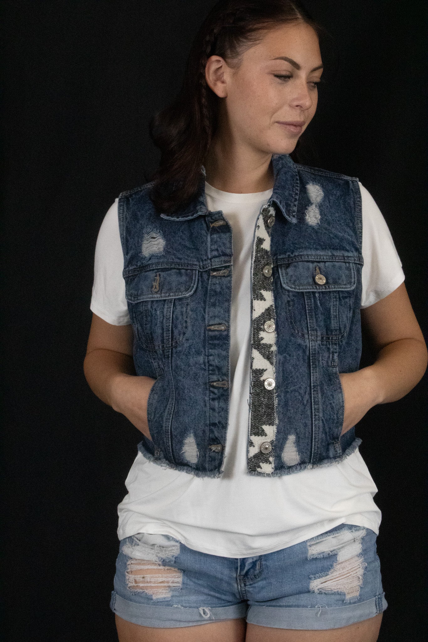 American Original Rewash Custom Black and White Pendleton Wool Accent  Repurposed Denim Vest
