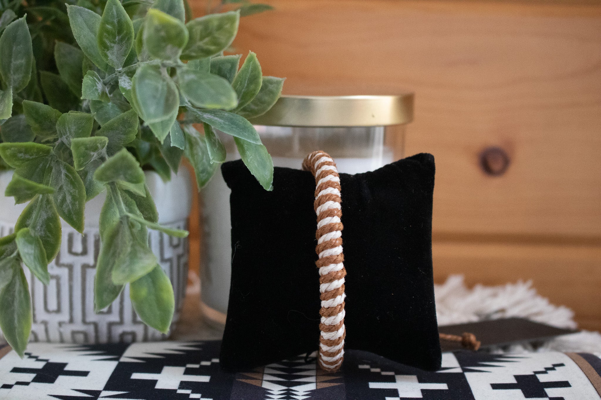 Brown and Cream-Colored Jute Cord Adjustable Bracelet