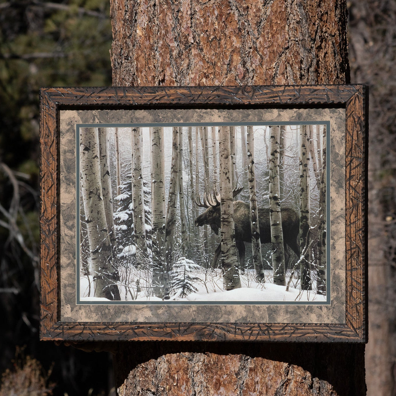 Large Custom Solid Wood Framed Print Featuring a Moose Walking Through the Snow-Cover Forest