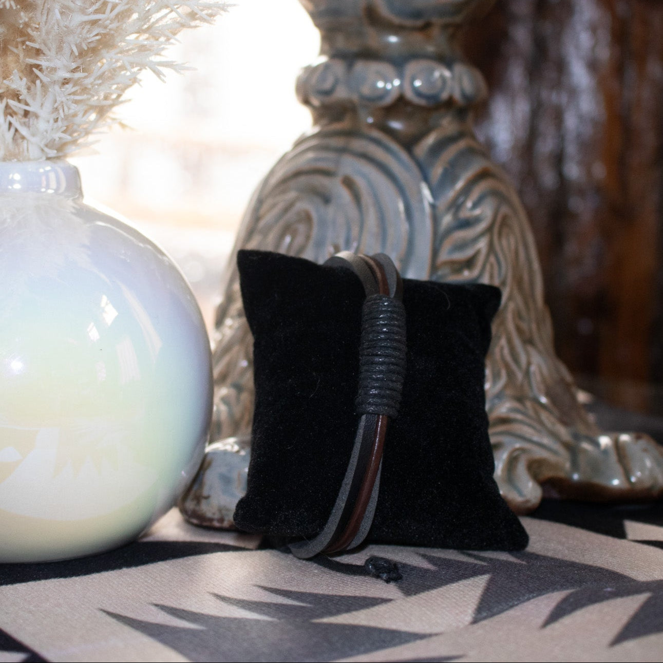 Black and Brown Leather Strap and Jute Cord Adjustable  Bracelet