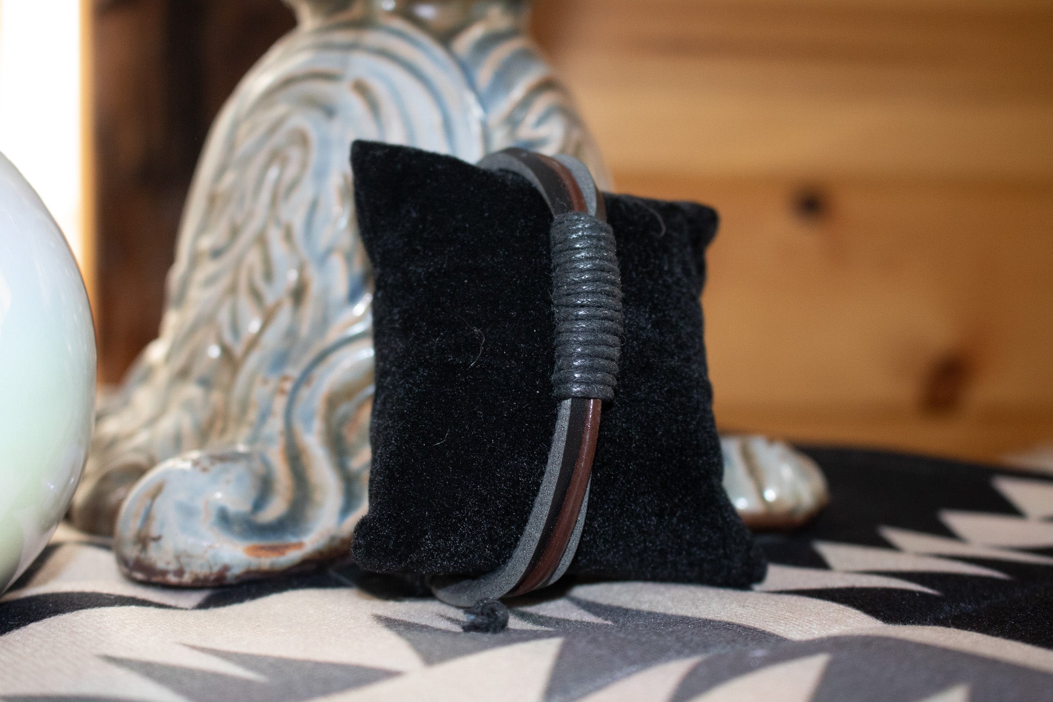 Black and Brown Leather Strap and Jute Cord Adjustable  Bracelet