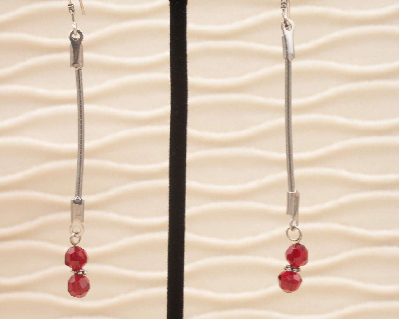 Homemade Dangle Silver and Red Bead Earrings