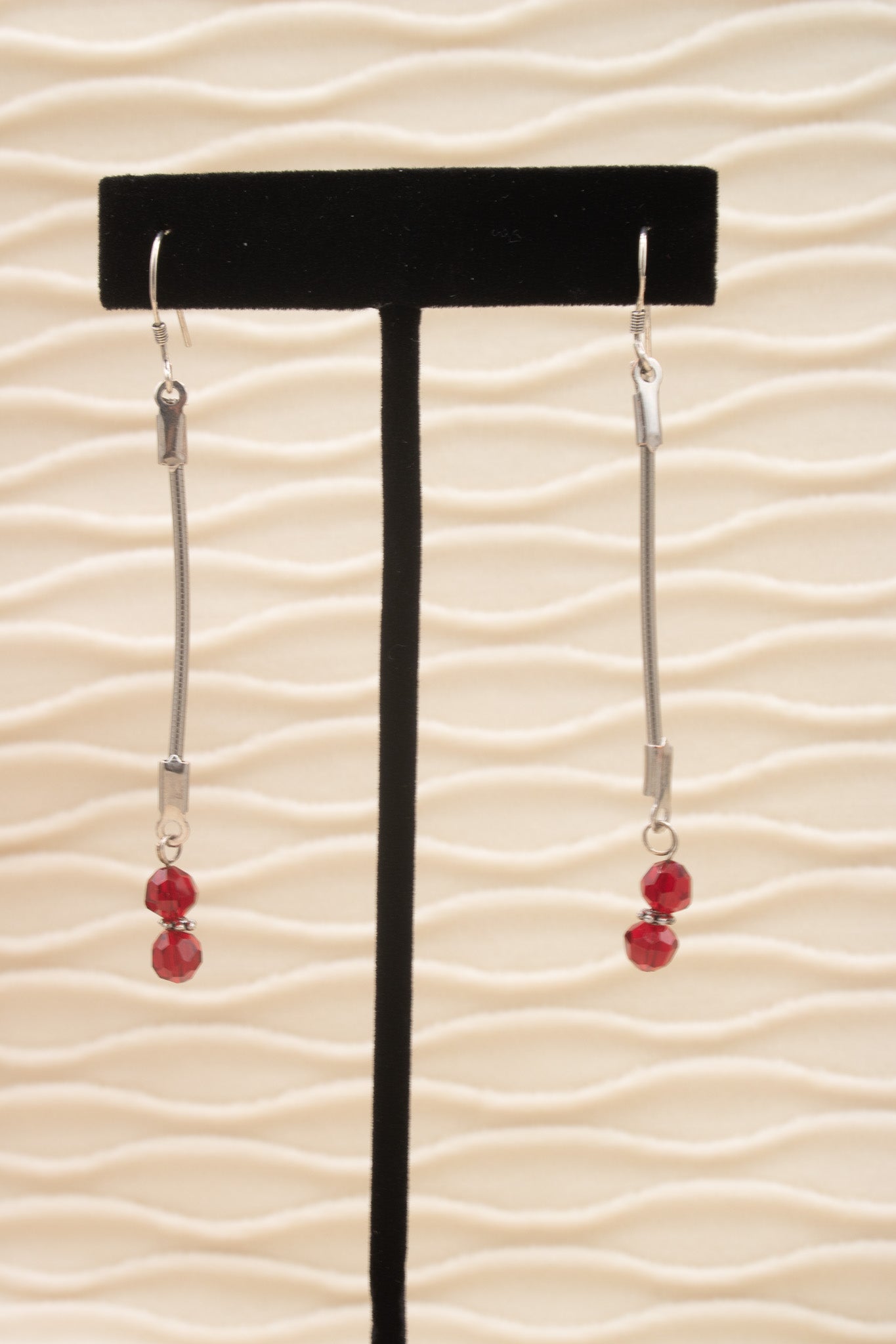 Homemade Dangle Silver and Red Bead Earrings