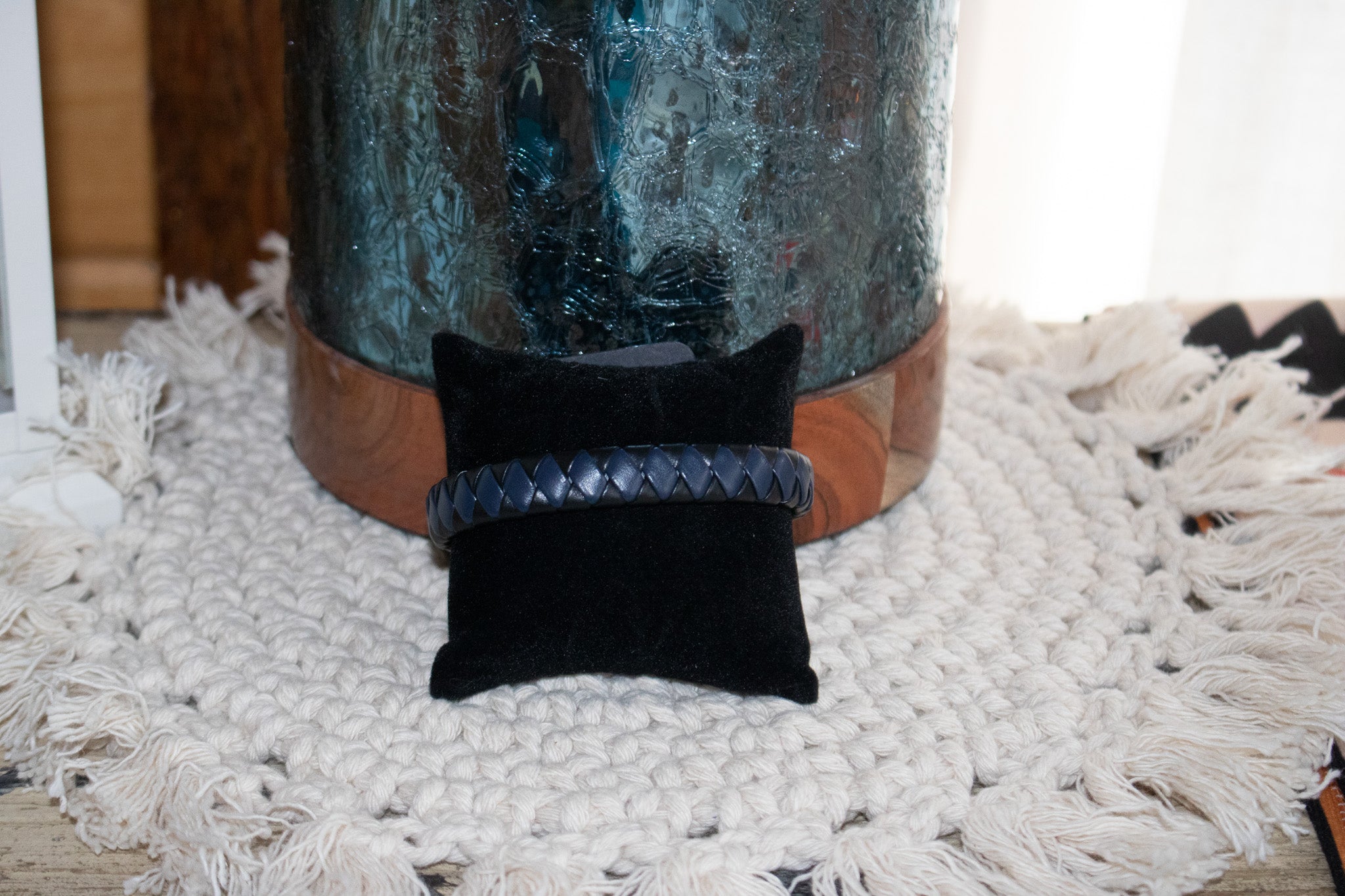 Black and Navy-Blue diamond Tuck Leather Bracelet