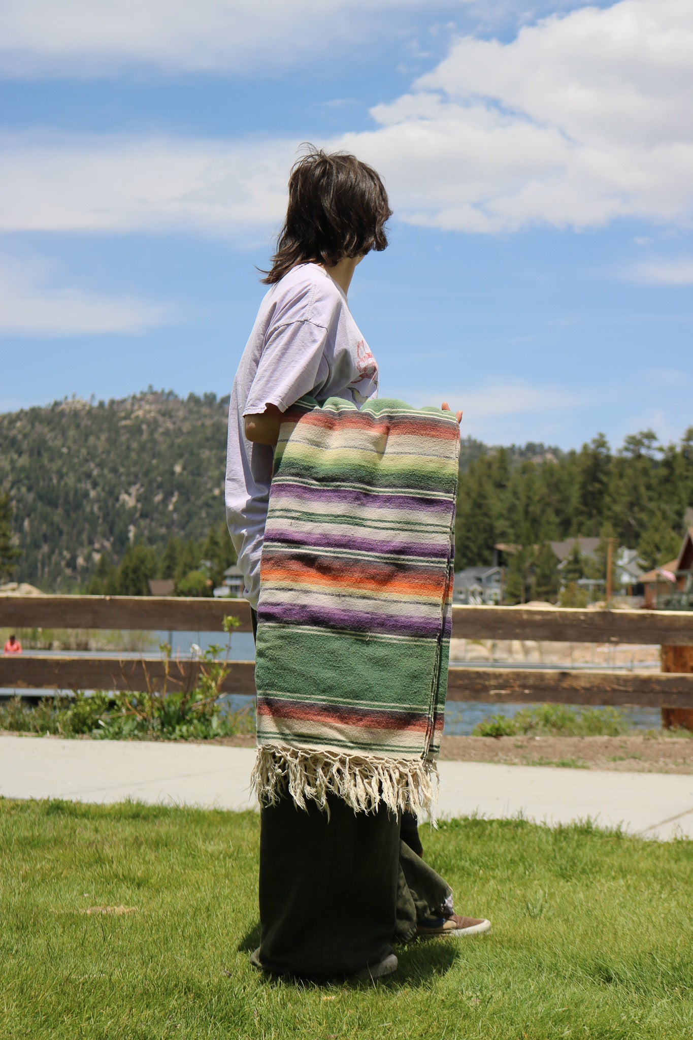 Vintage Forest Green Multicolored Wool Saltillo Sarape Mexican Blanket