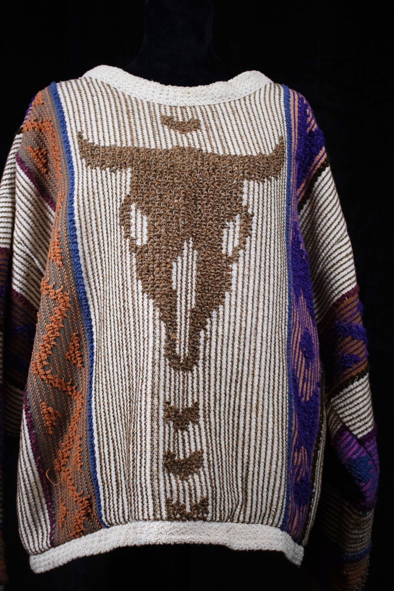 Allen Wah Collection Western tan Cow Skull Multi - Colored Pull - Over Sweater with Lining