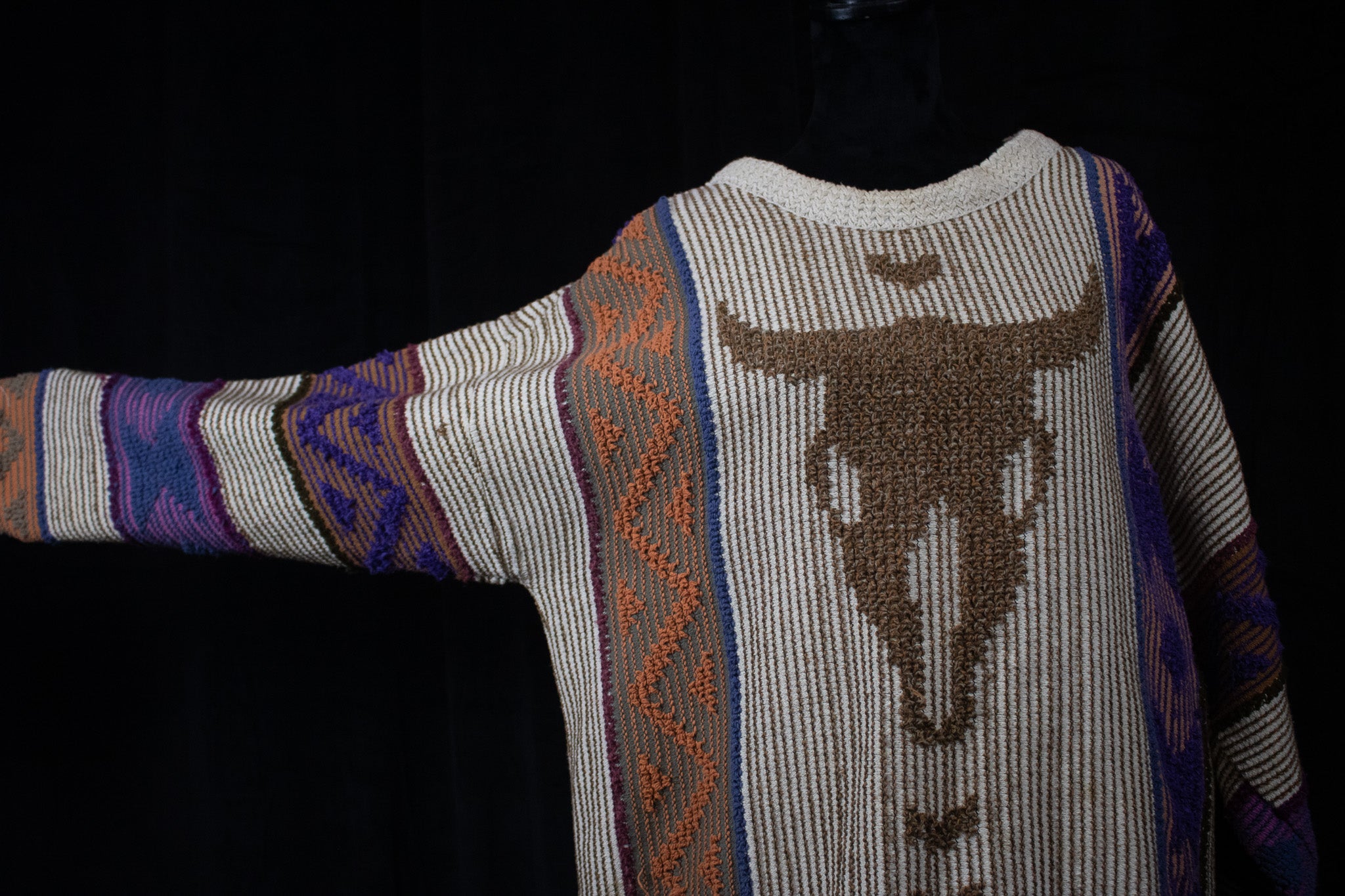 Allen Wah Collection Western tan Cow Skull Multi - Colored Pull - Over Sweater with Lining
