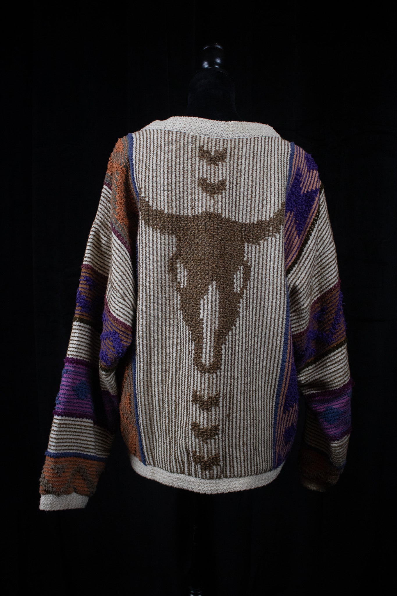 Allen Wah Collection Western tan Cow Skull Multi - Colored Pull - Over Sweater with Lining