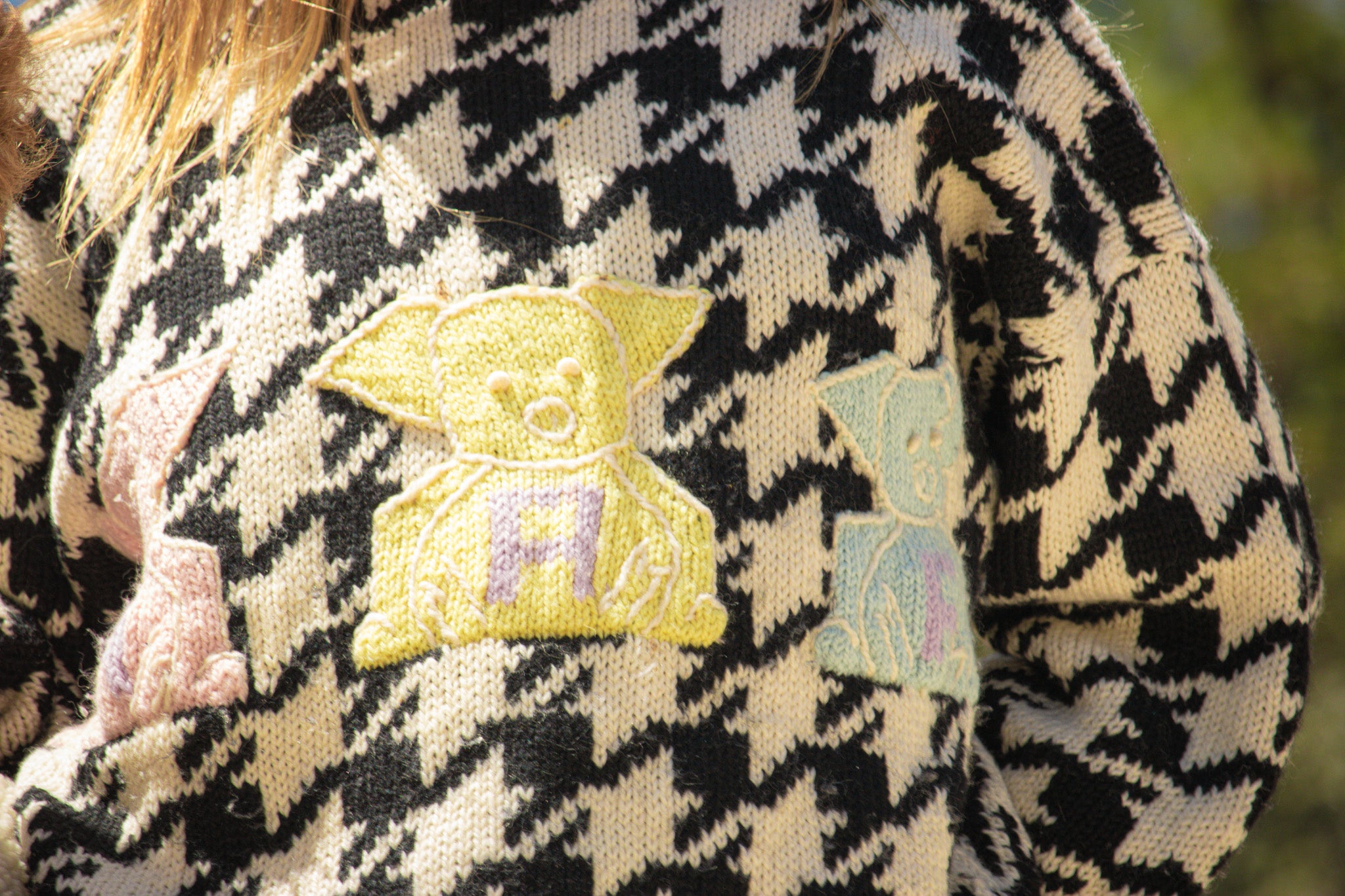 Naf Naf Tricote Black & White Sweater with 3 Different Colored Piggies Spelling N-A-F on Their Tummies