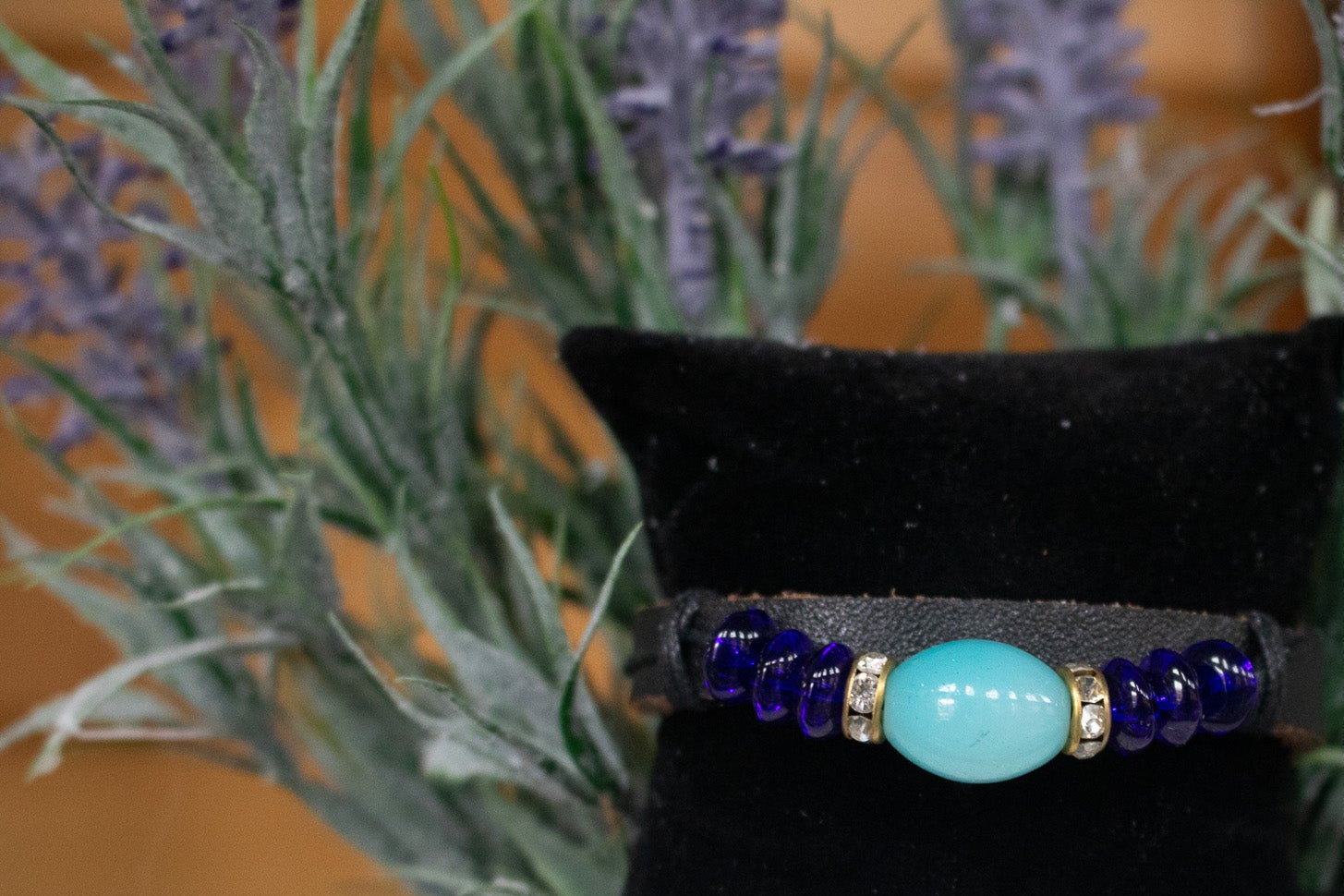 Leather Blue Glass Beaded Adjustable Bracelet