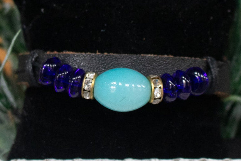 Leather Blue Glass Beaded Adjustable Bracelet