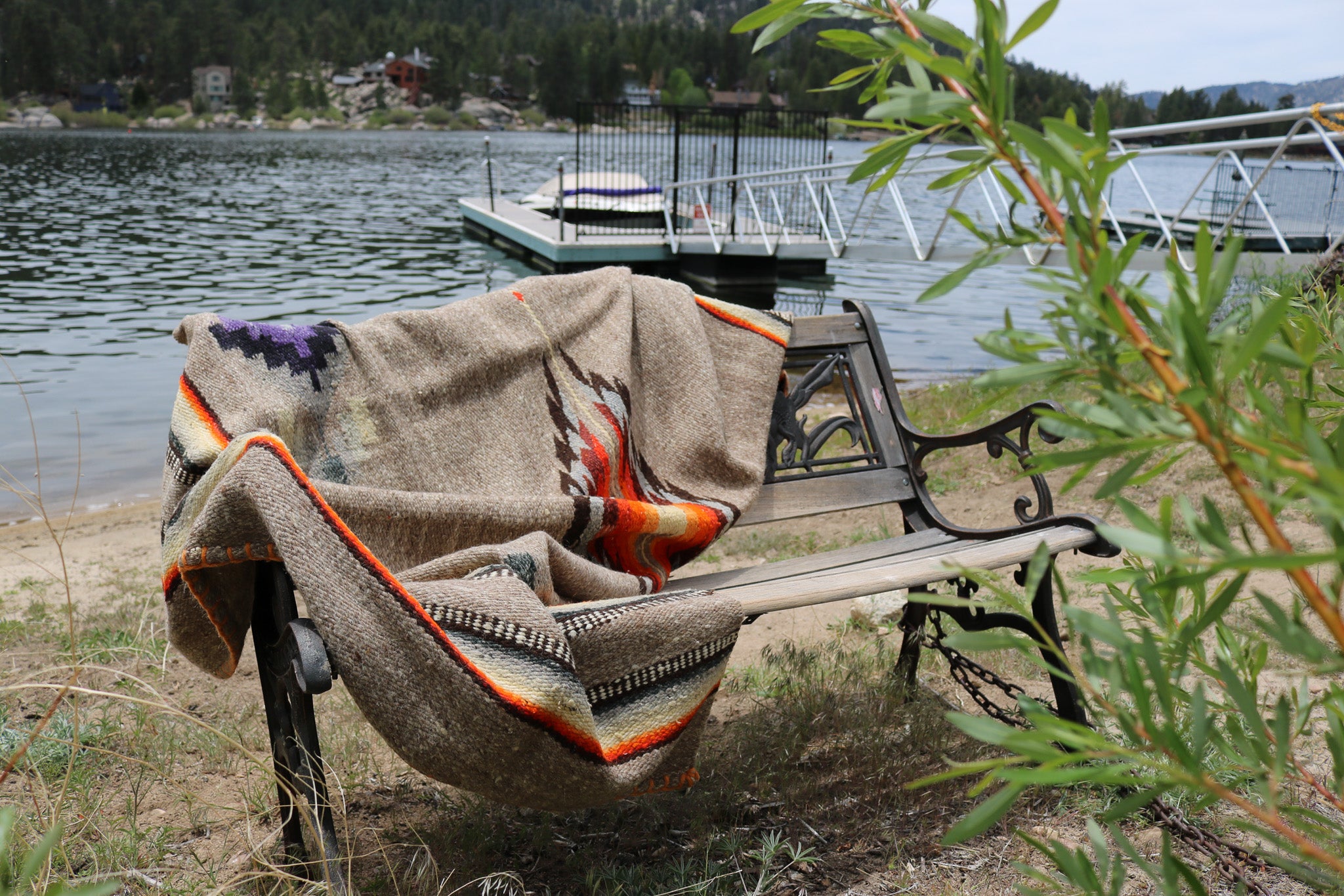 Authentic Vintage Southwestern Gray Woven Blanket with Colorful Native Design and Orange Accent Stitching