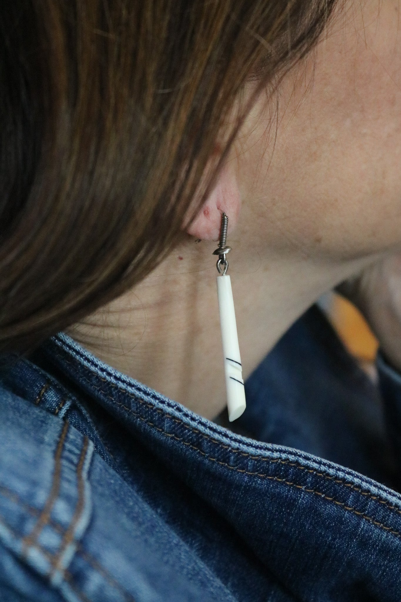 Vintage Ivory Detailed American Indian Inspired Earrings with Wooden Stand