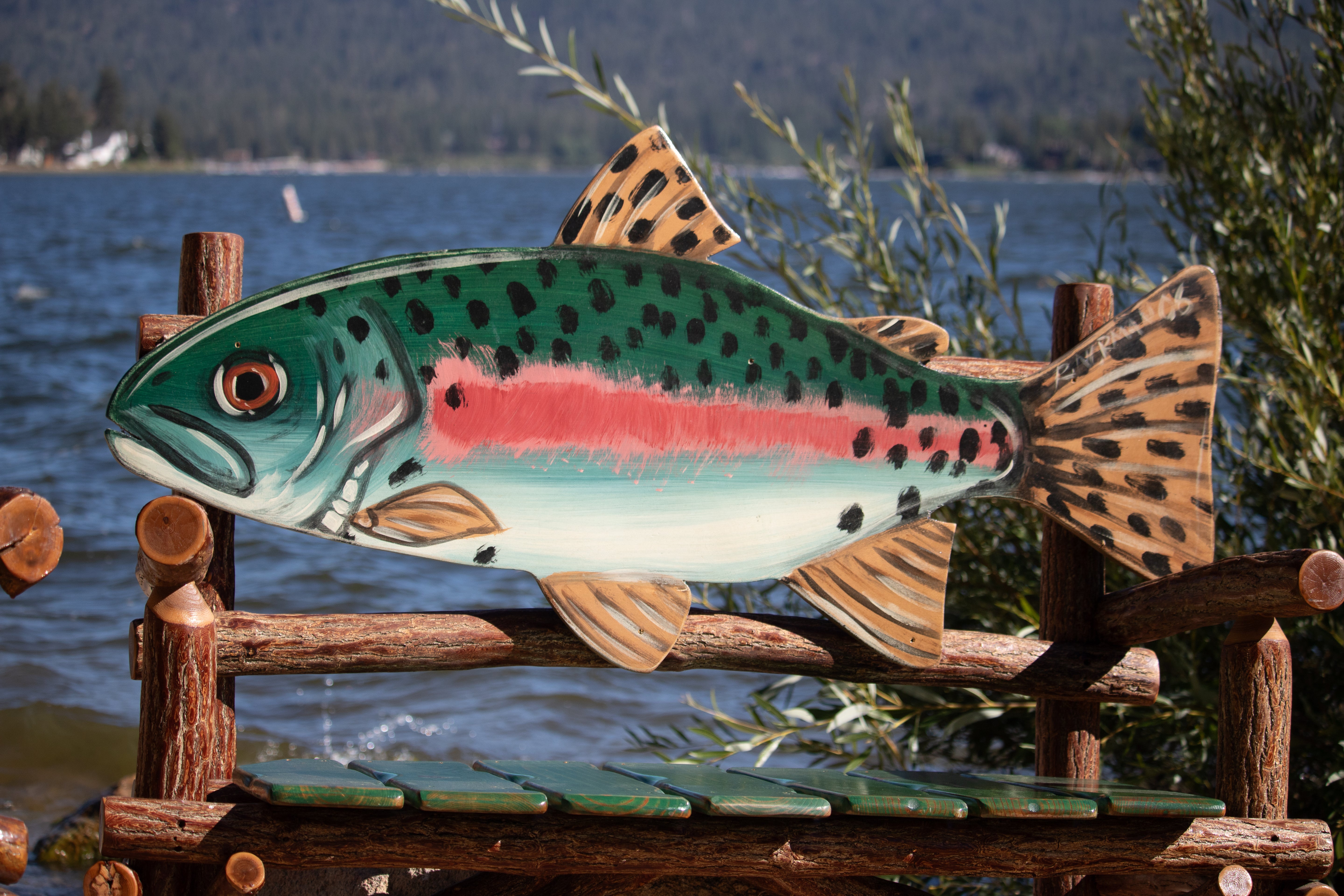Natural Log Fish Bench Depicting a Realistic Rainbow Trout