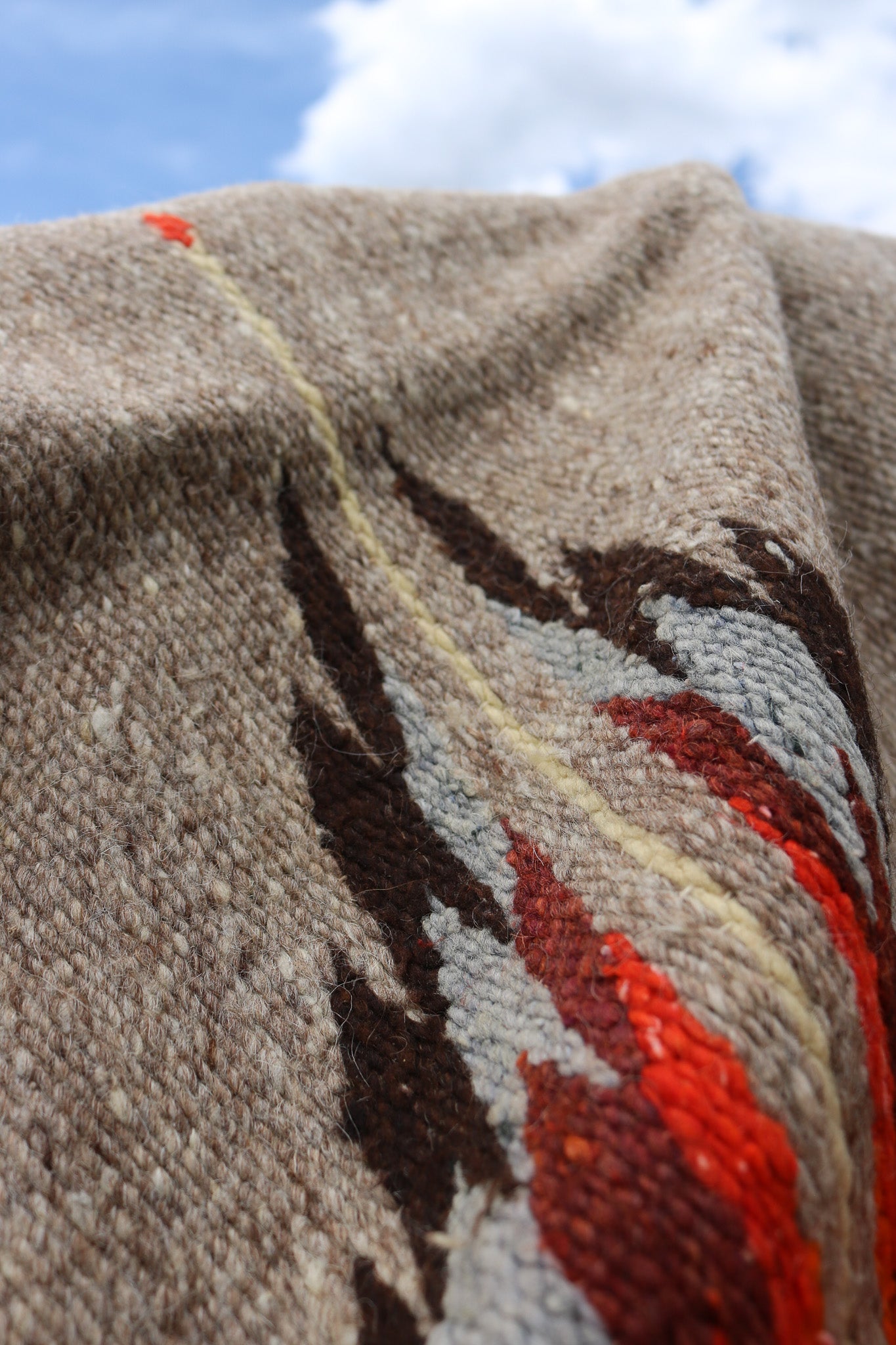 Authentic Vintage Southwestern Gray Woven Blanket with Colorful Native Design and Orange Accent Stitching