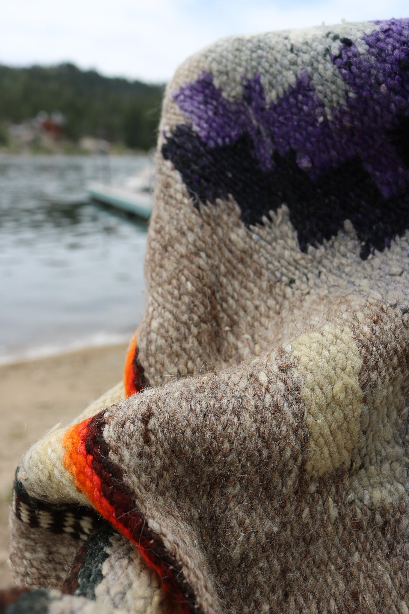 Authentic Vintage Southwestern Gray Woven Blanket with Colorful Native Design and Orange Accent Stitching