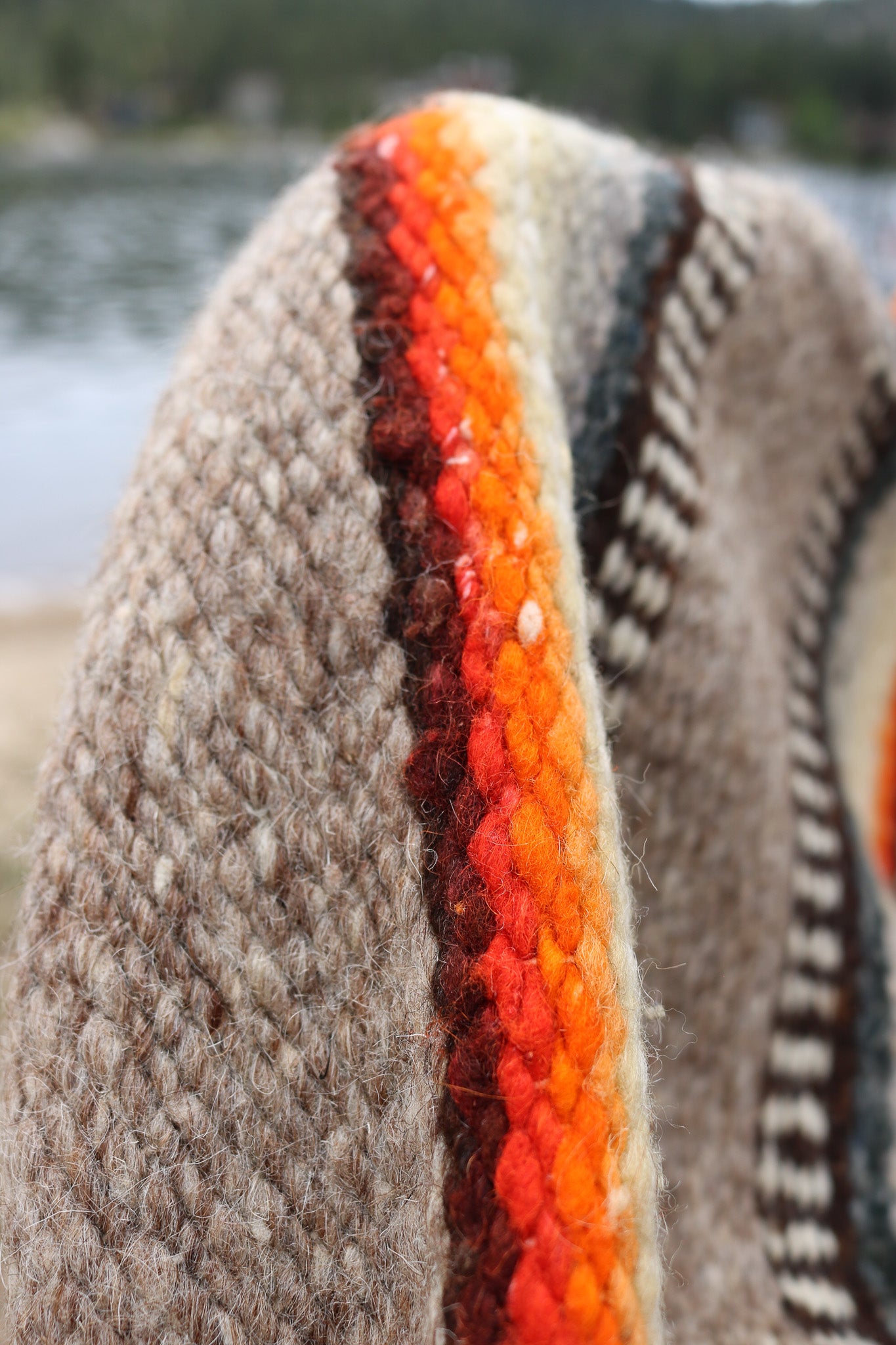 Authentic Vintage Southwestern Gray Woven Blanket with Colorful Native Design and Orange Accent Stitching