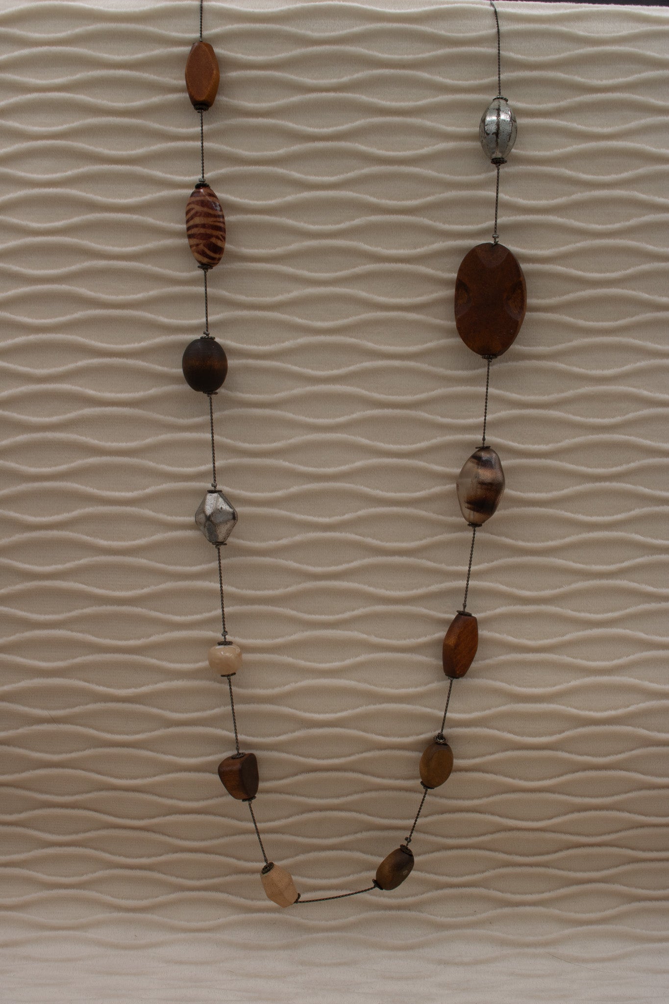 Irregular Wooded Bead and Stone Metal Necklace