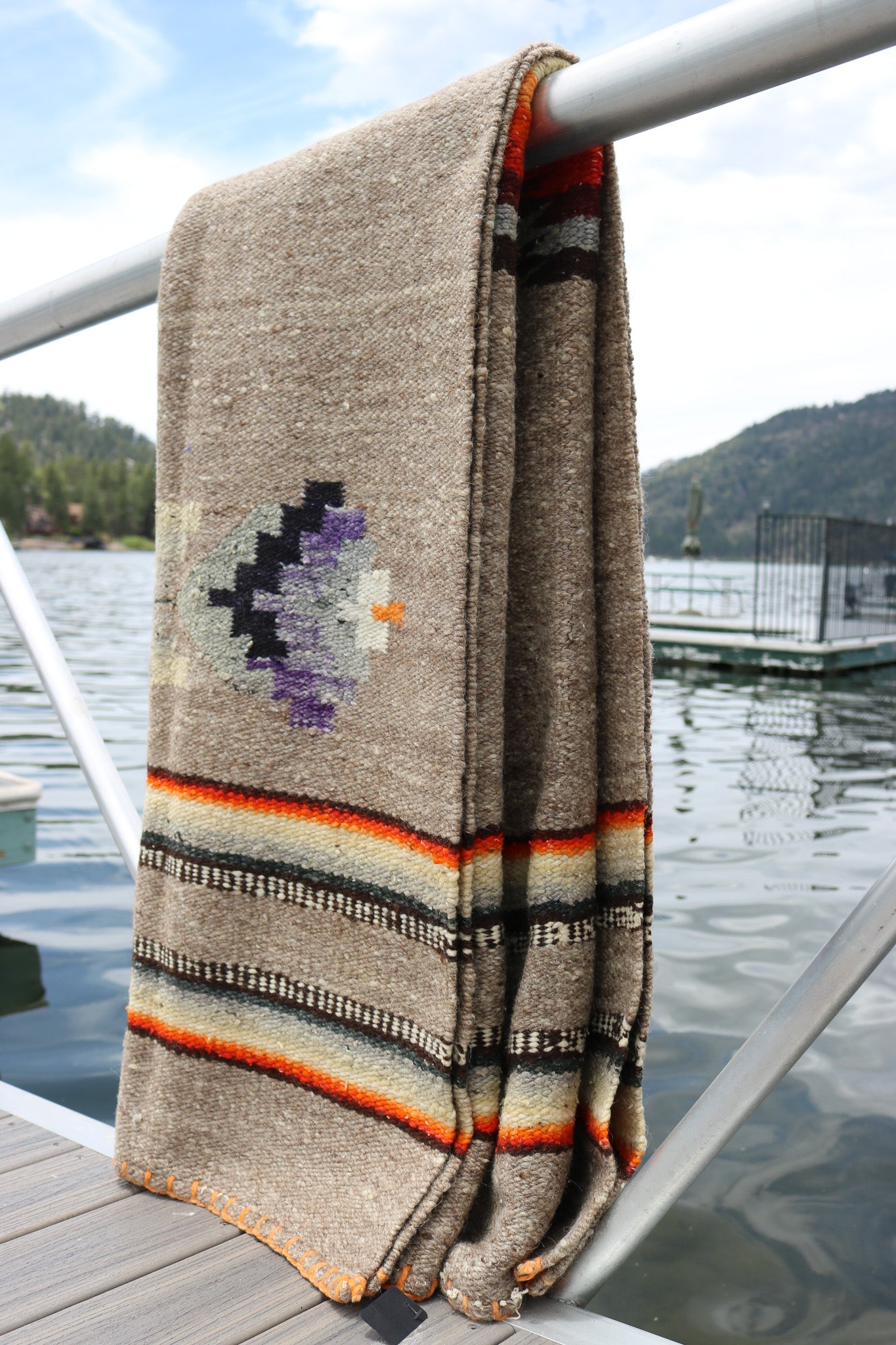 Authentic Vintage Southwestern Gray Woven Blanket with Colorful Native Design and Orange Accent Stitching