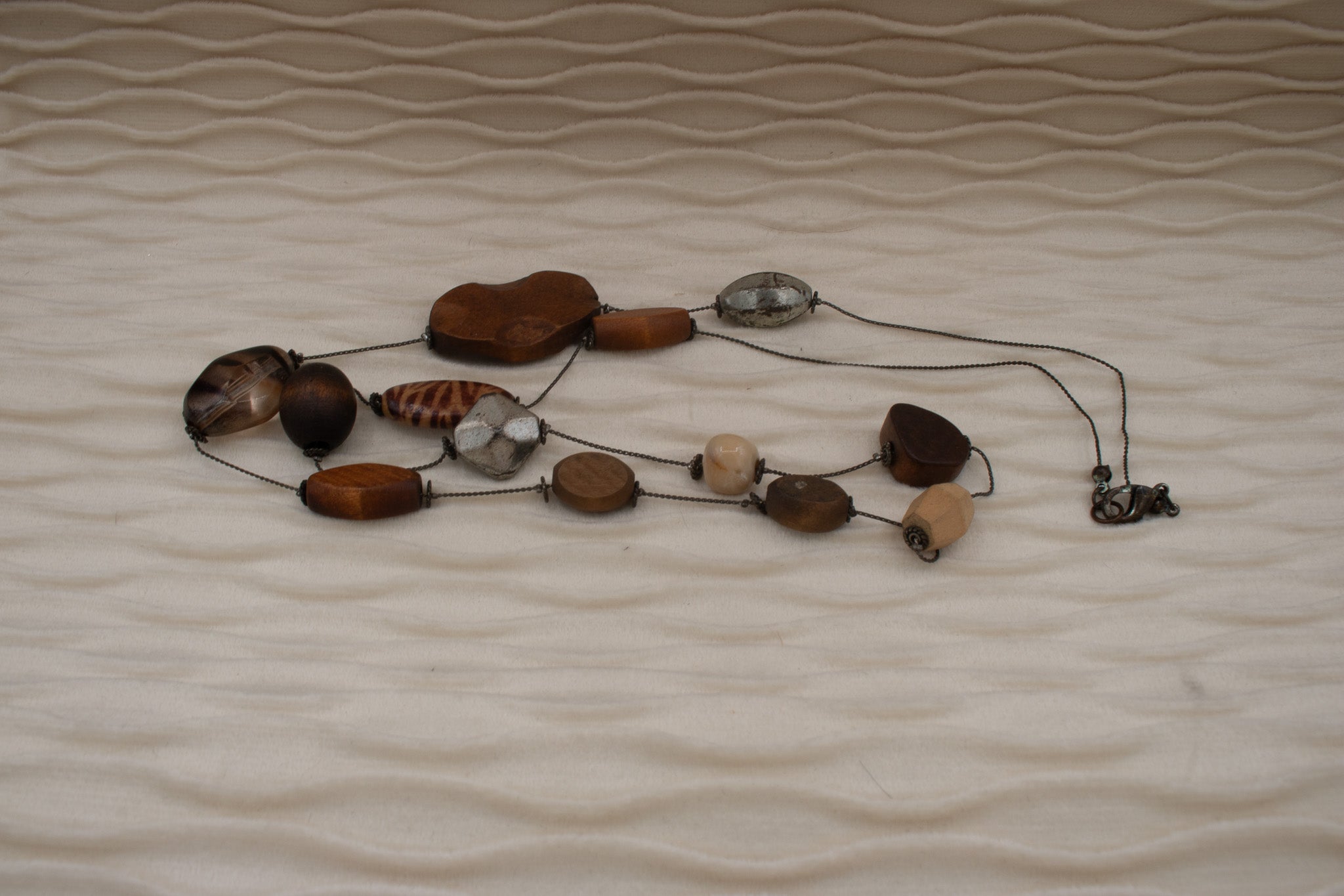 Irregular Wooded Bead and Stone Metal Necklace