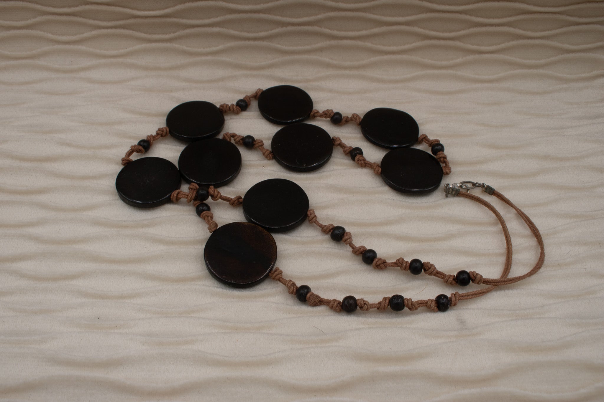 Brown Flat Round Bead Hand-Tied Cord Necklace