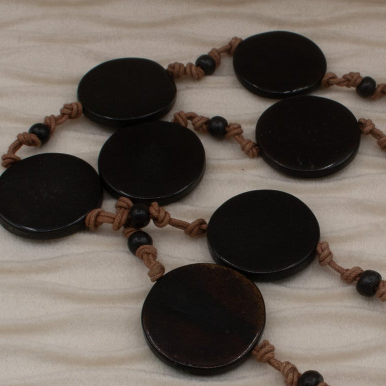Brown Flat Round Bead Hand-Tied Cord Necklace