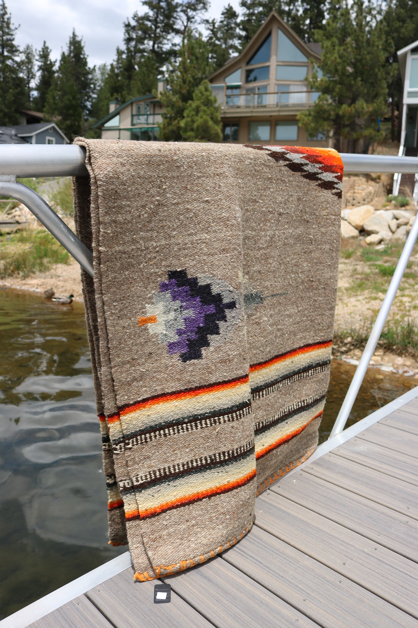 Authentic Vintage Southwestern Gray Woven Blanket with Colorful Native Design and Orange Accent Stitching