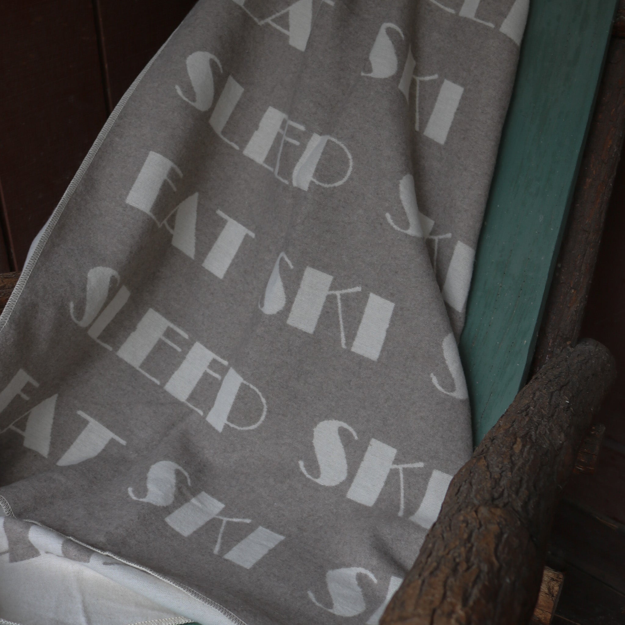 David Fussenegger Reversible Throw Blanket Grey & White "Sleep, Ski, Repeat" Design