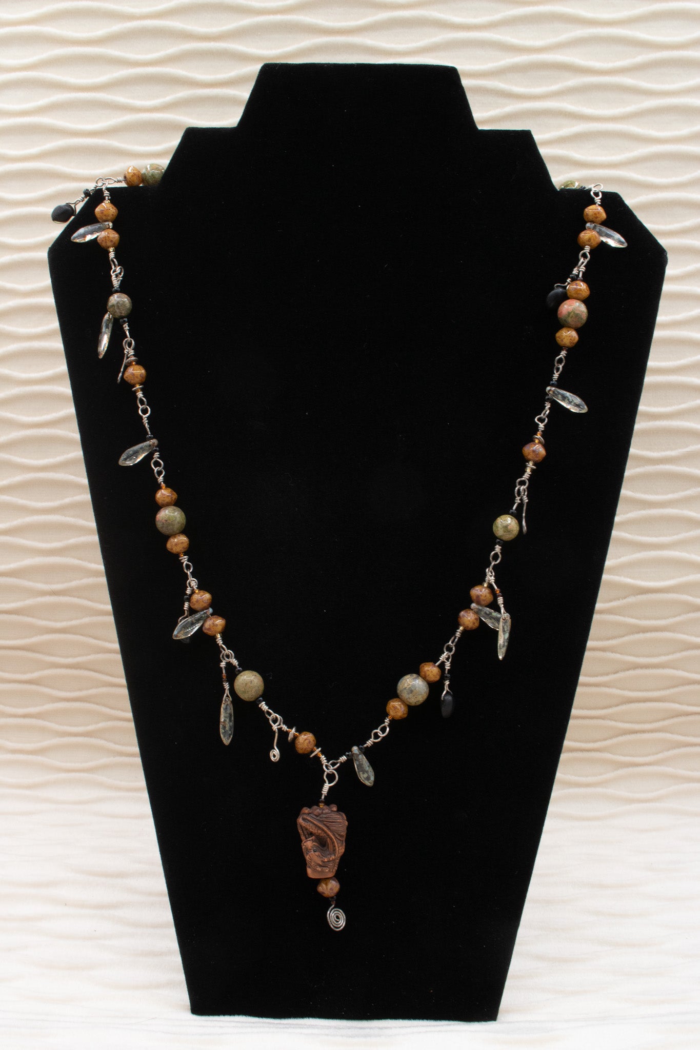 Handmade Irregular Beaded Twisted Metal Necklace with Carved Wood Charm