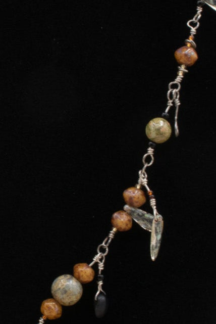 Handmade Irregular Beaded Twisted Metal Necklace with Carved Wood Charm