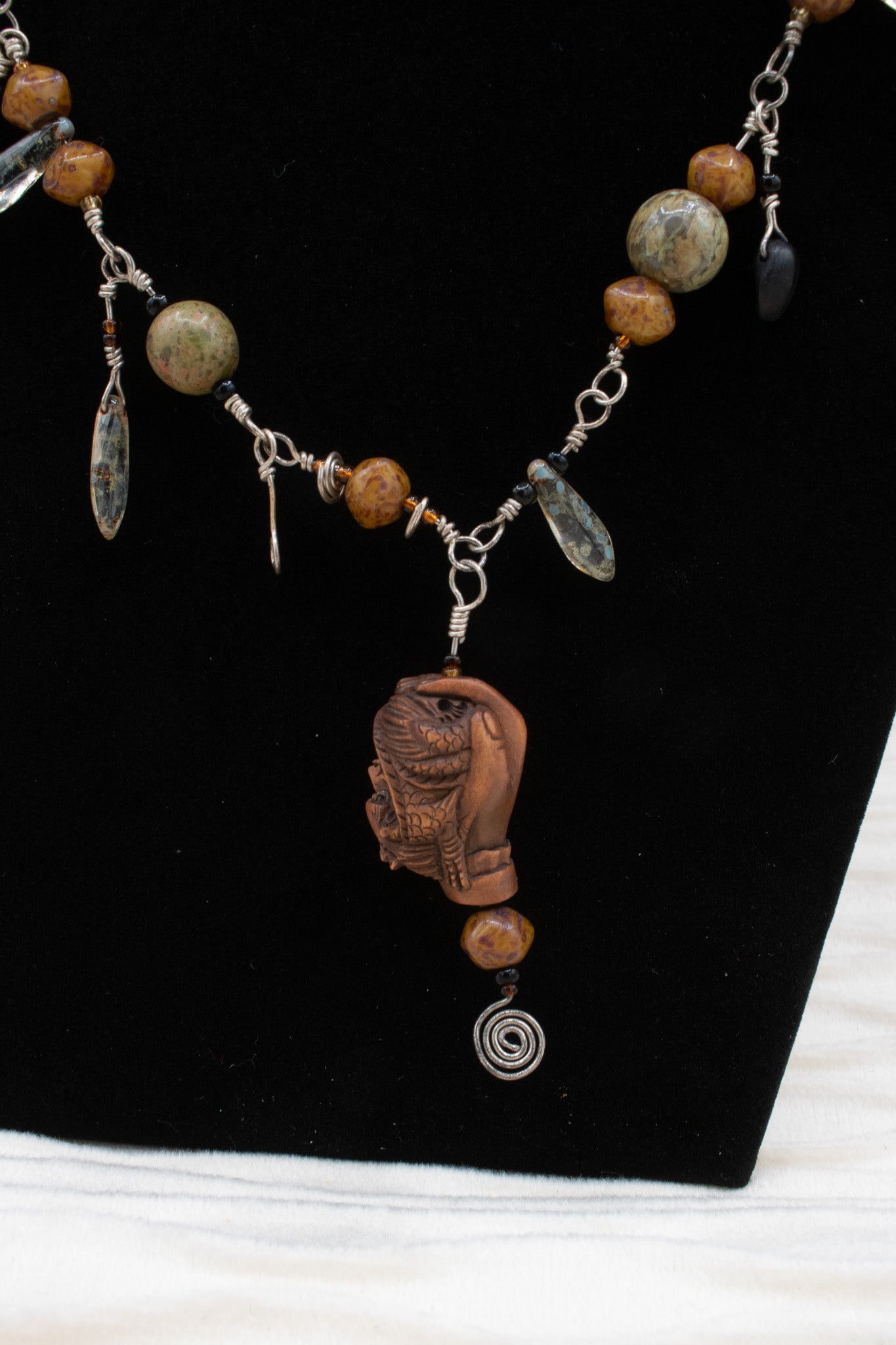 Handmade Irregular Beaded Twisted Metal Necklace with Carved Wood Charm