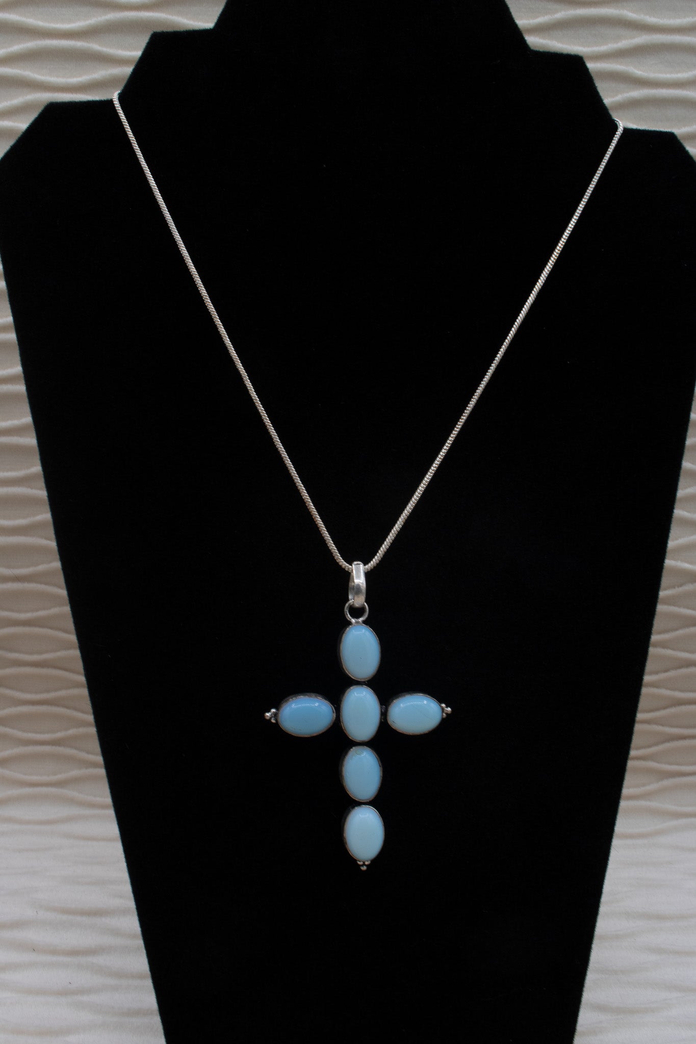 Opalite Cross Pendent adorned on a Silver Herringbone Chain Necklace