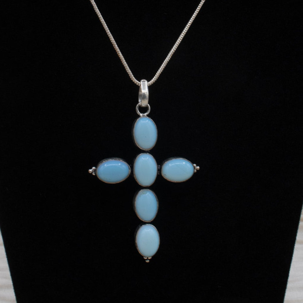 Opalite Cross Pendent adorned on a Silver Herringbone Chain Necklace