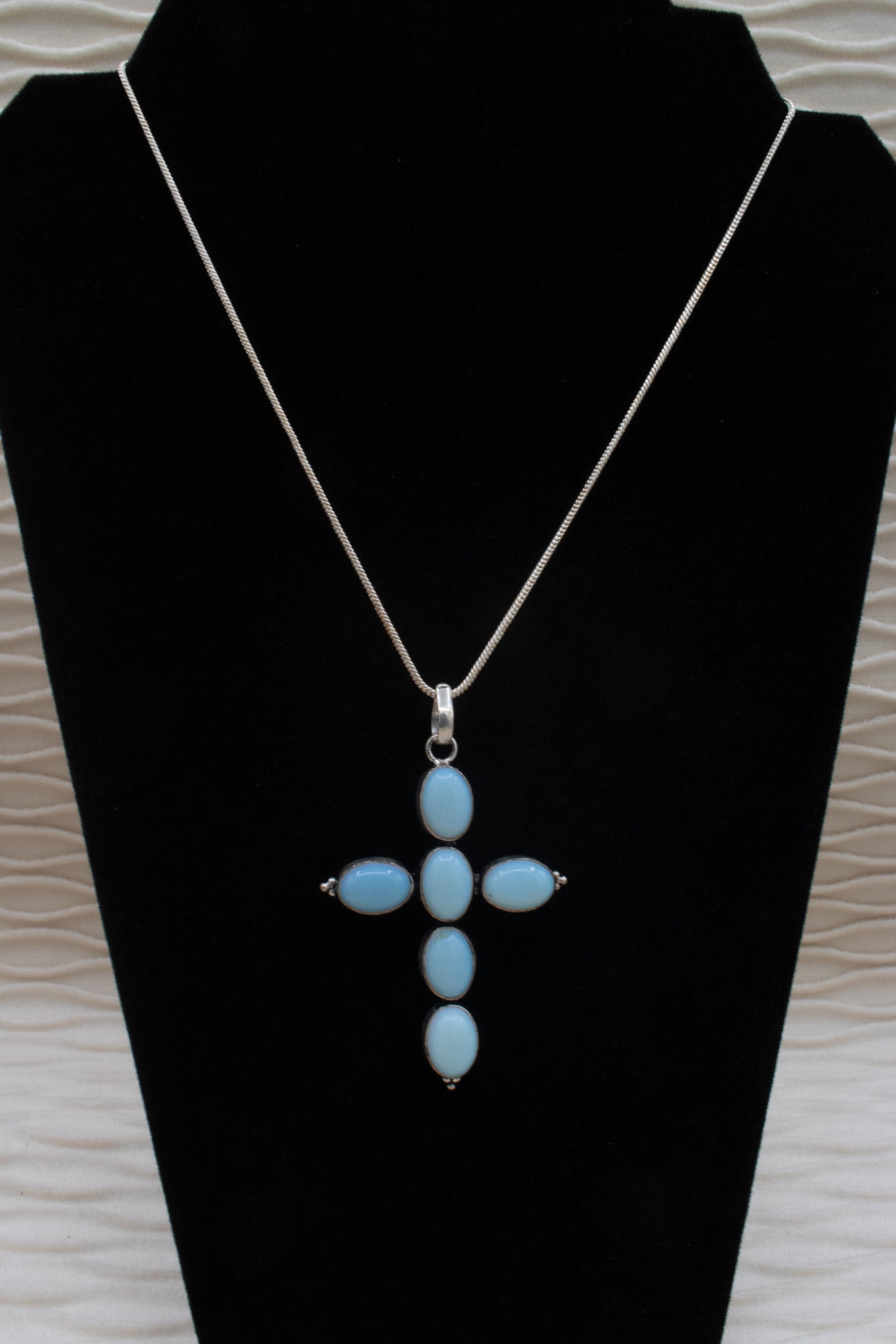 Opalite Cross Pendent adorned on a Silver Herringbone Chain Necklace