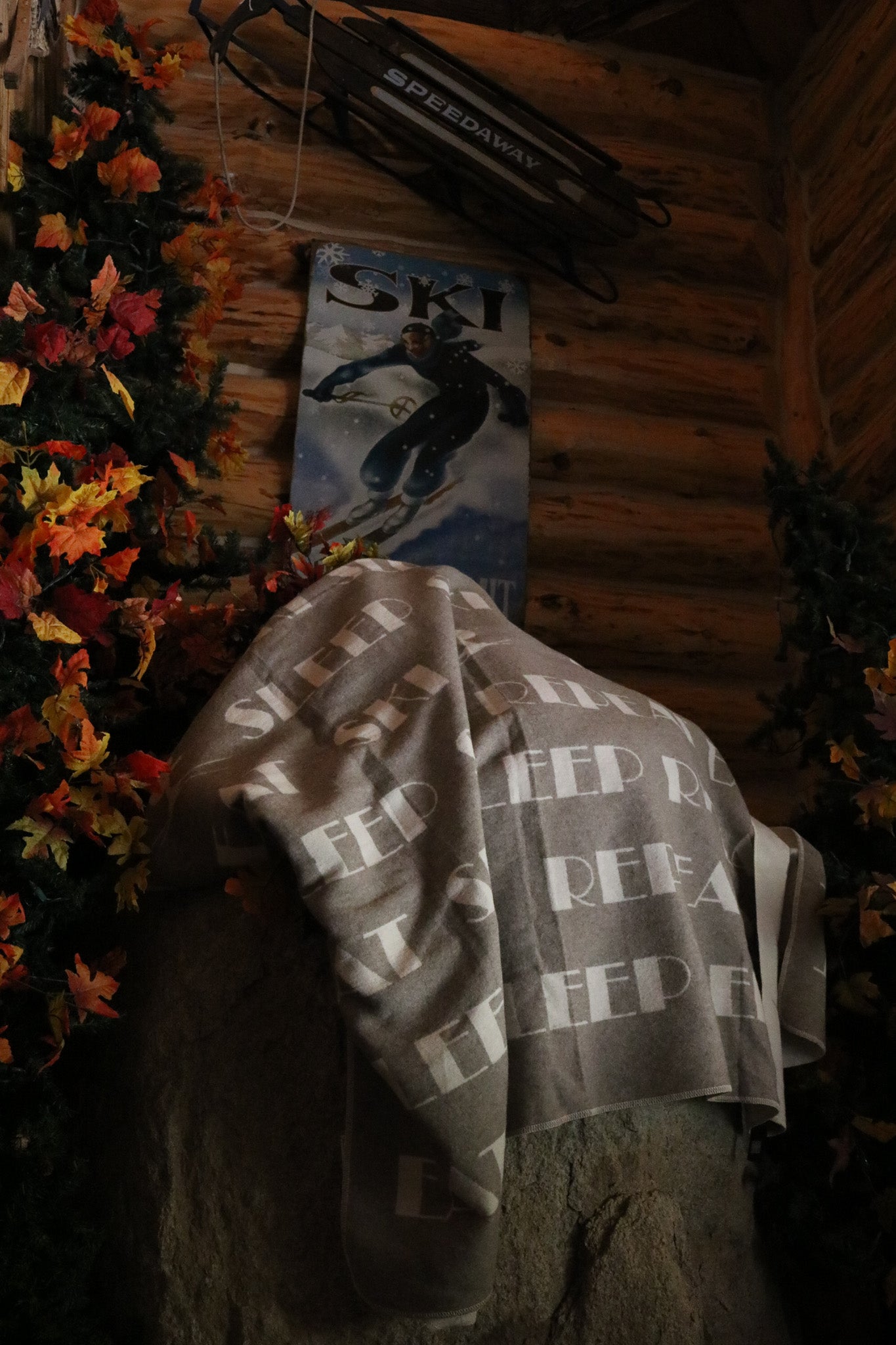 David Fussenegger Reversible Throw Blanket Grey & White "Sleep, Ski, Repeat" Design