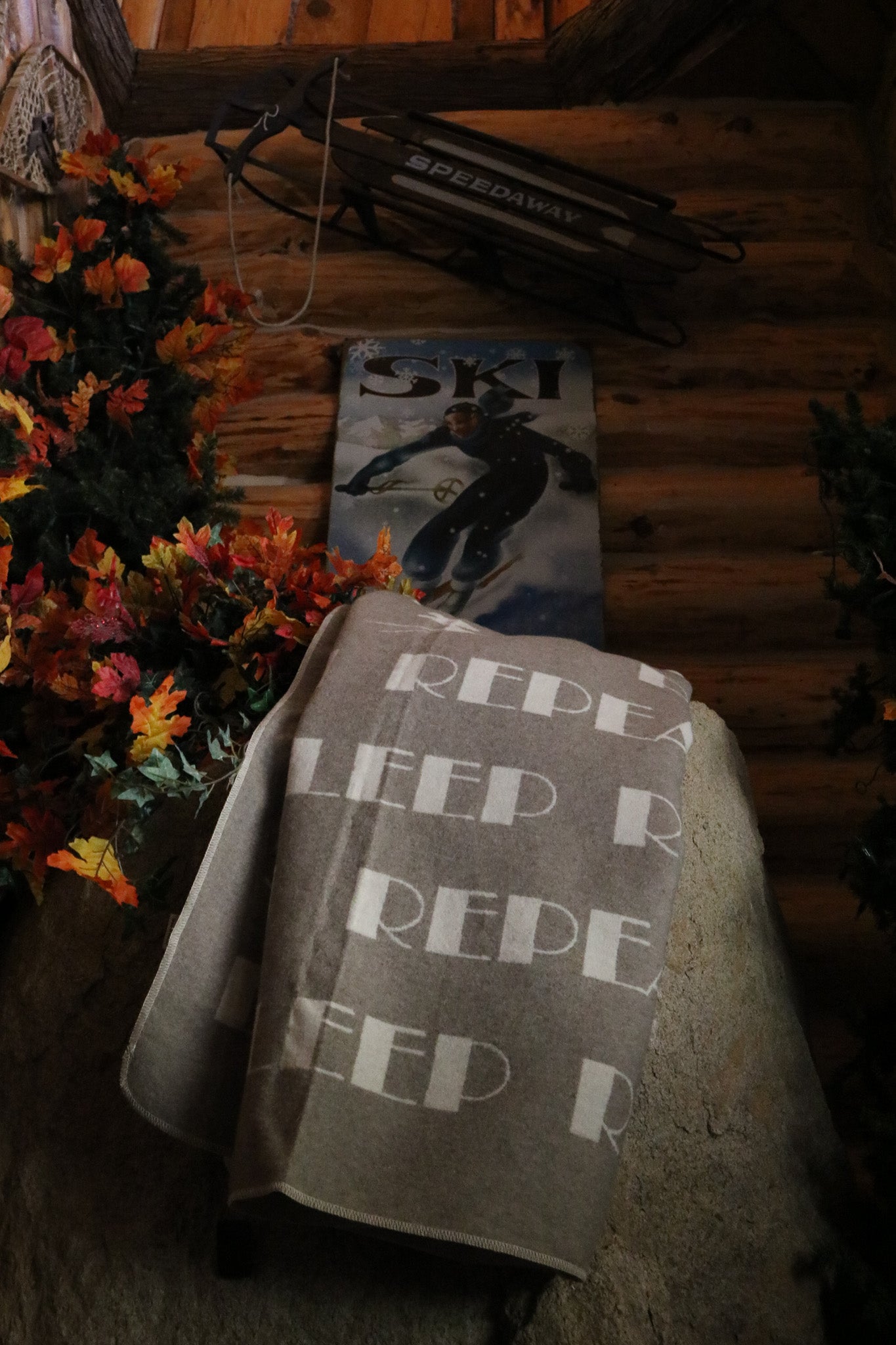 David Fussenegger Reversible Throw Blanket Grey & White "Sleep, Ski, Repeat" Design