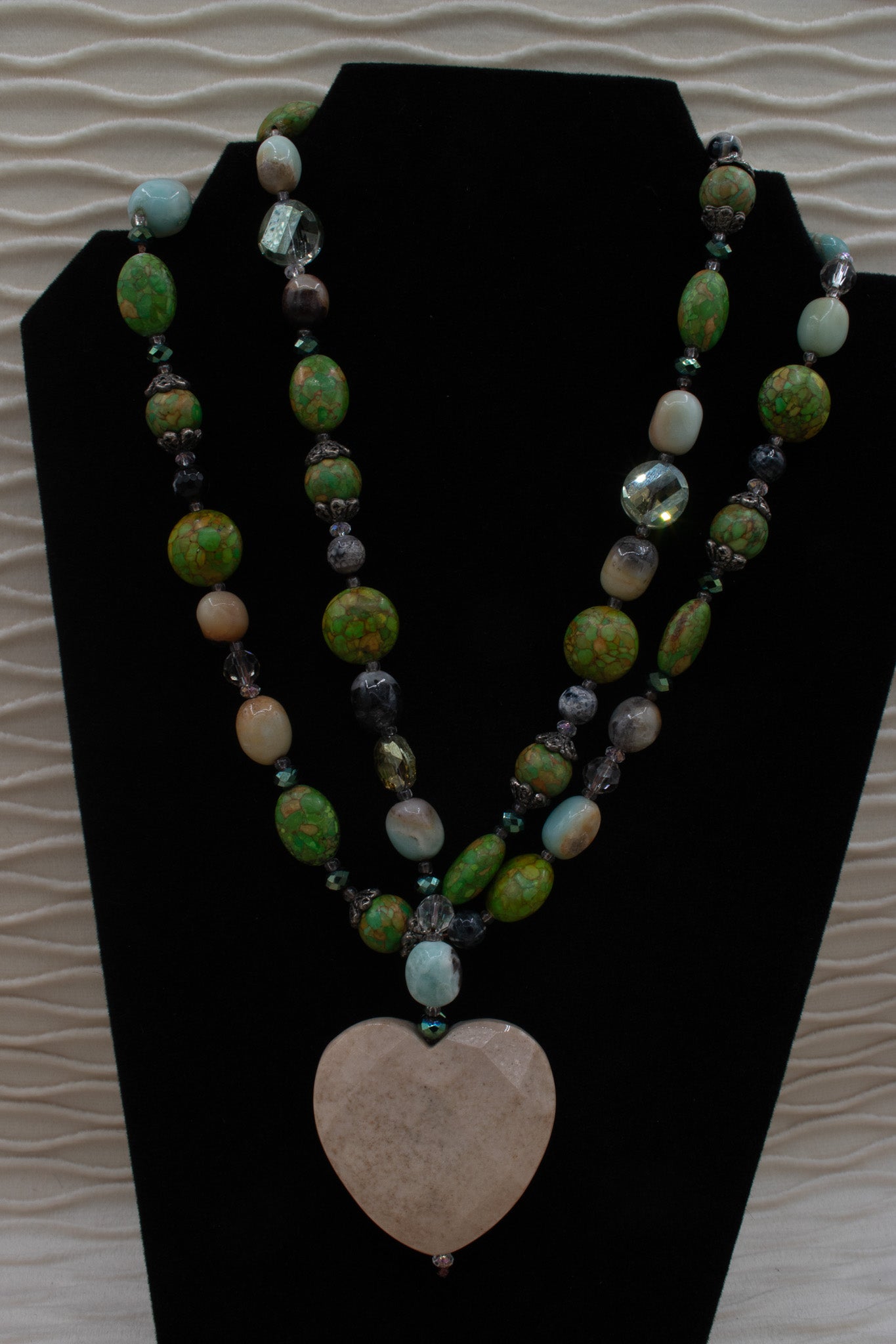 Dual Strand Multicolored Gemstone Necklace with Marble Heart Charm