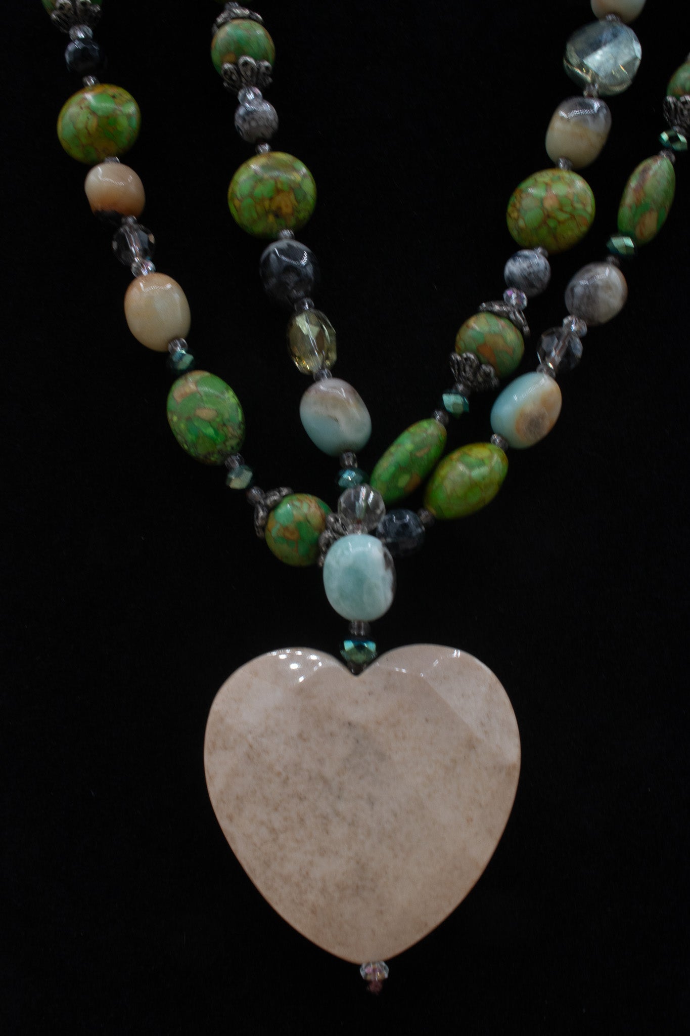 Dual Strand Multicolored Gemstone Necklace with Marble Heart Charm