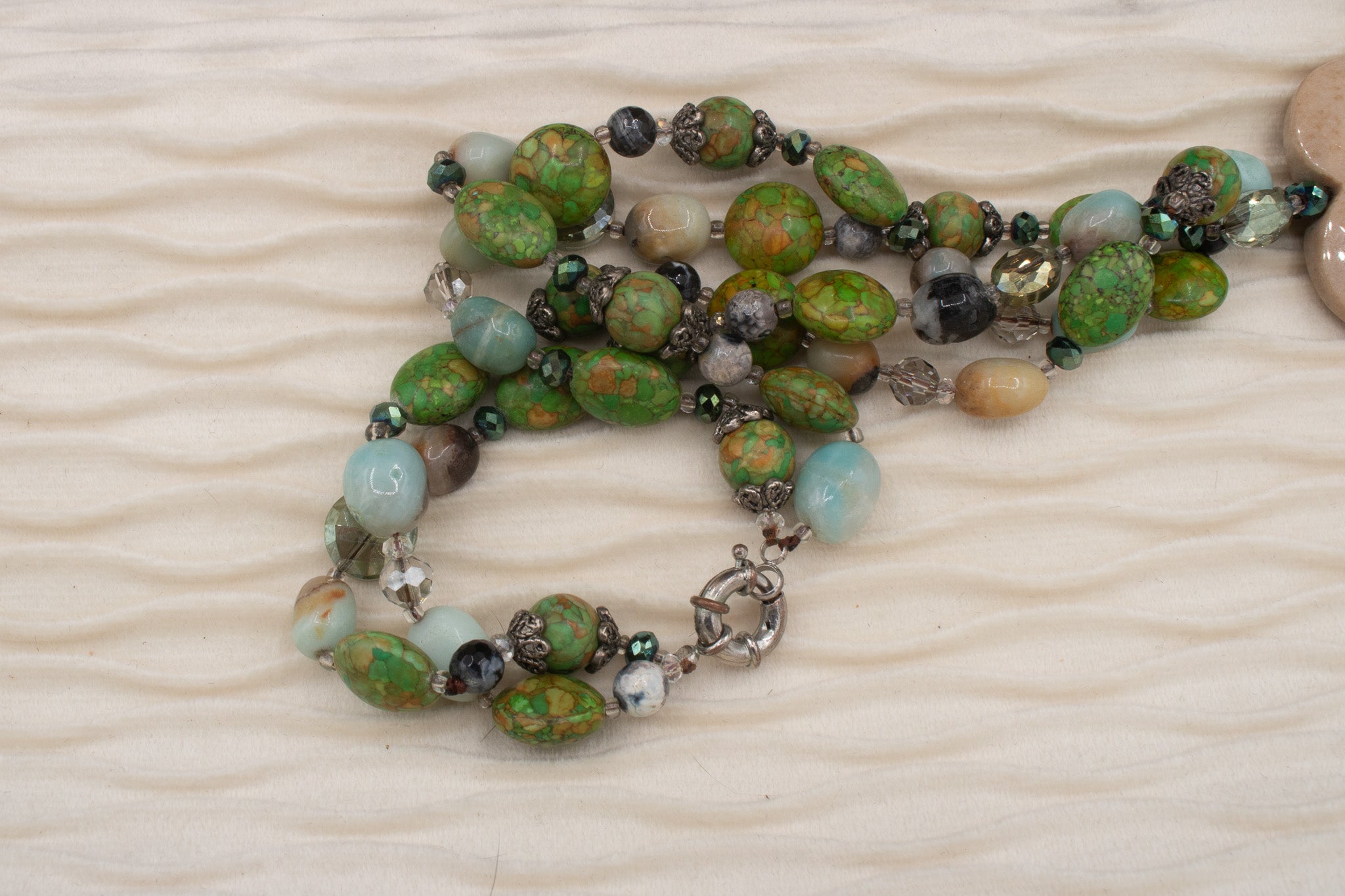 Dual Strand Multicolored Gemstone Necklace with Marble Heart Charm