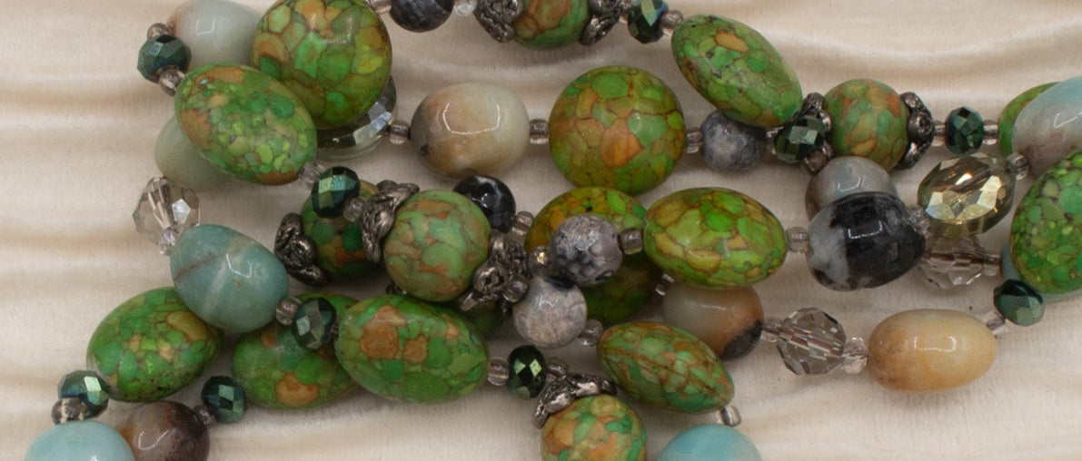 Dual Strand Multicolored Gemstone Necklace with Marble Heart Charm