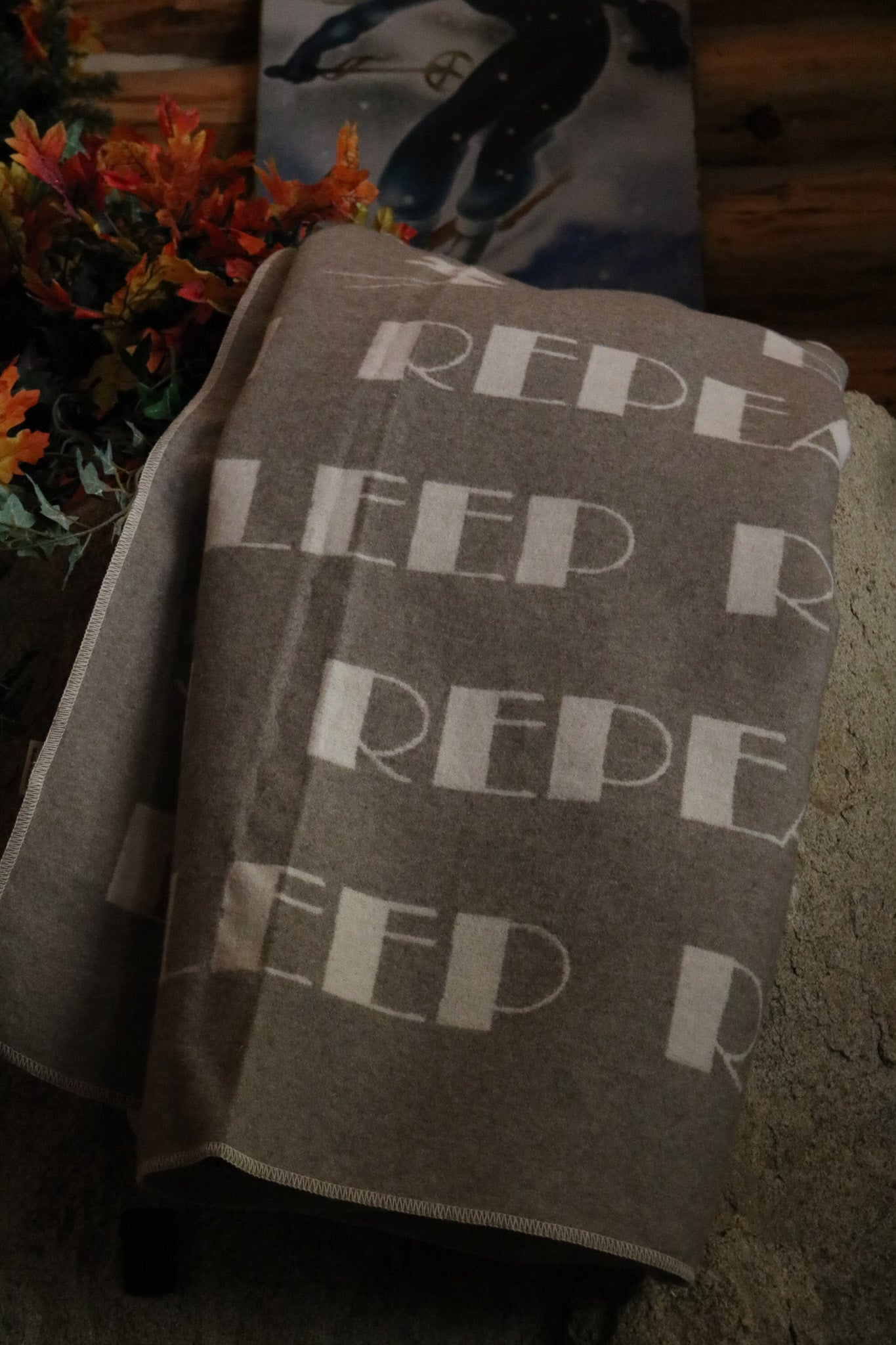 David Fussenegger Reversible Throw Blanket Grey & White "Sleep, Ski, Repeat" Design