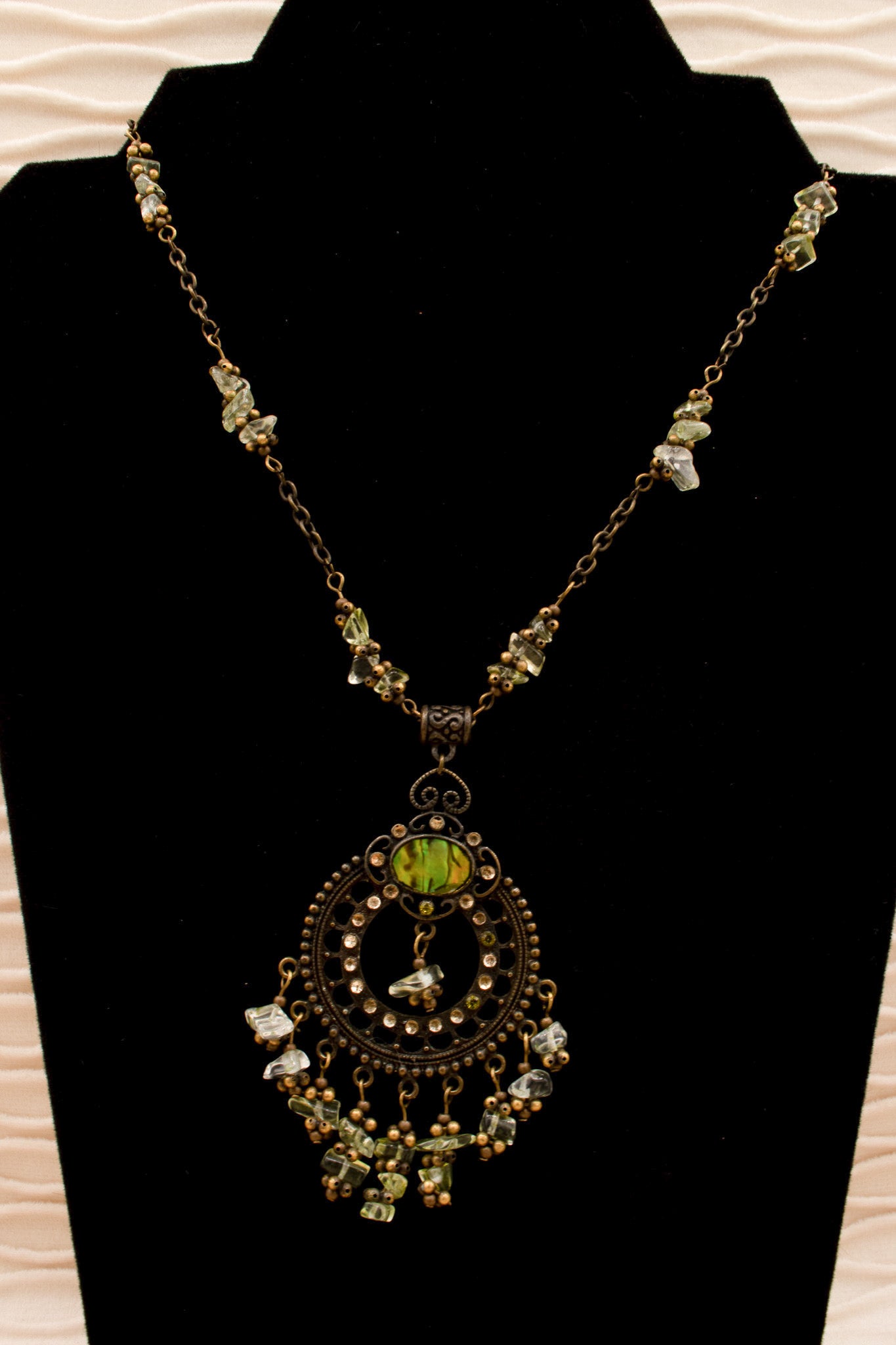 Beautiful Charm on Paperclip Chain Adorned with Green Gemstones Necklace