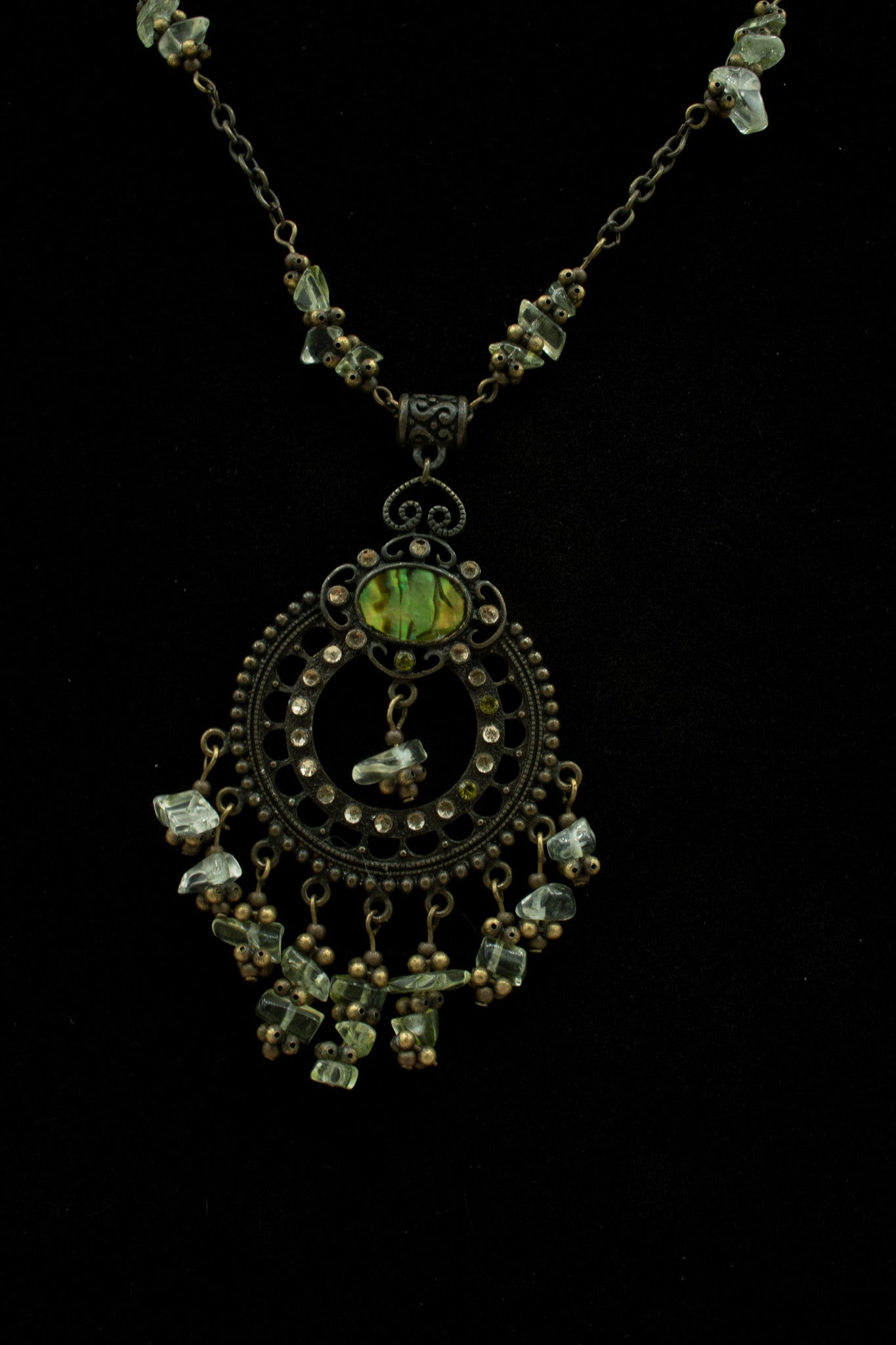 Beautiful Charm on Paperclip Chain Adorned with Green Gemstones Necklace