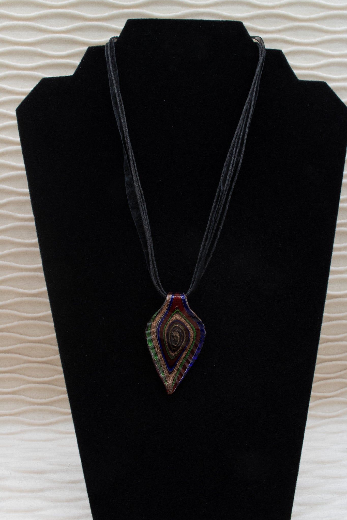 Glass Leaf Dark Colored Pendent on a Ribbon and Jute Cord Necklace