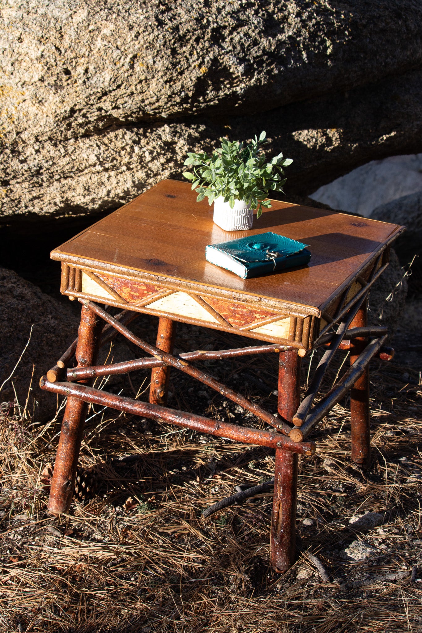 Geometric Design Adirondack Square Side Table with Raw Wood Legs