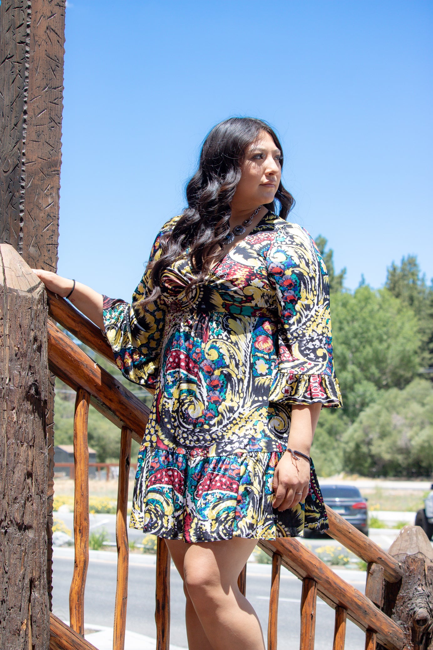 Betsey Johnson Multi - Colored Dress with Flowy Sleeves,  and a V-Neck Line. EDIT-G
